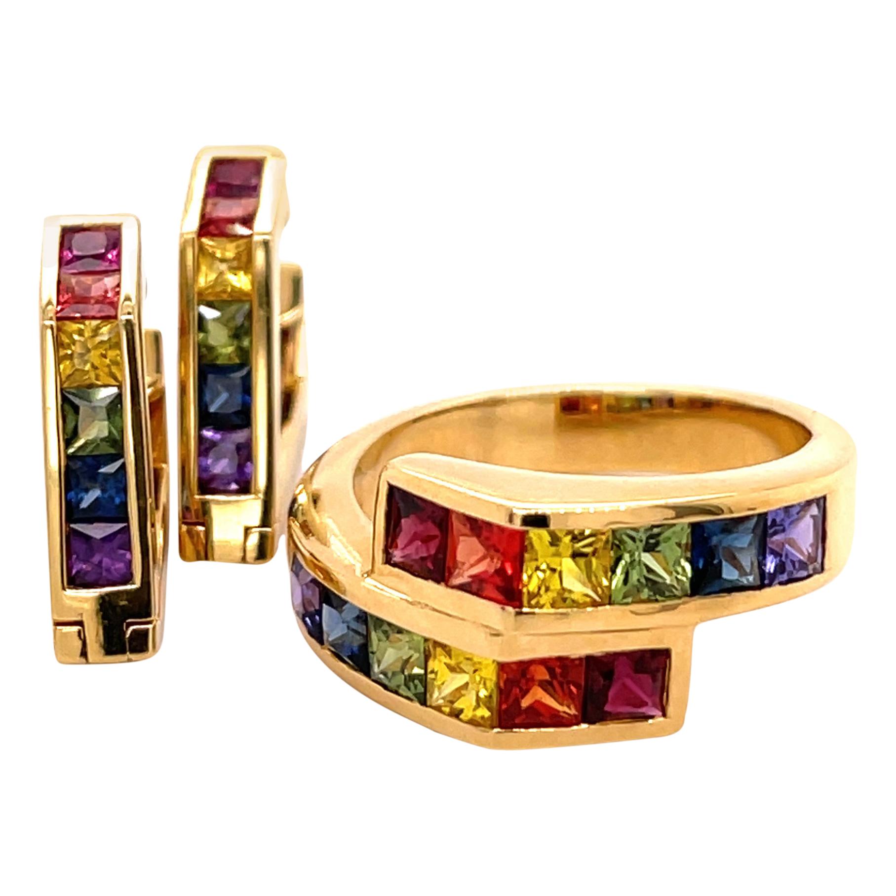 Multi-Color Sapphire 18 Karat Yellow Gold Ring 2