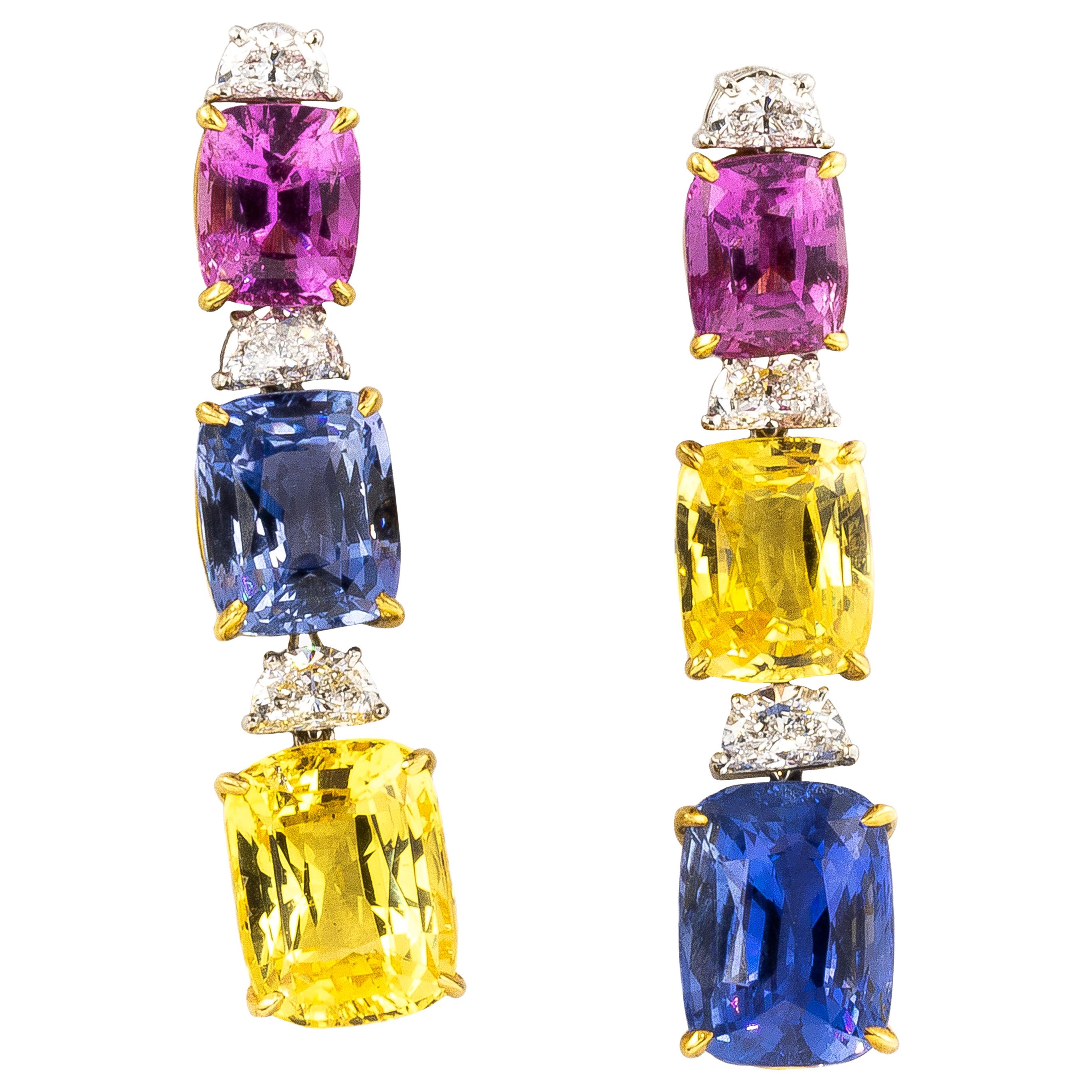 Multi-Color Sapphire 25.8 Carat and Diamonds 1.6 Carat Earrings
