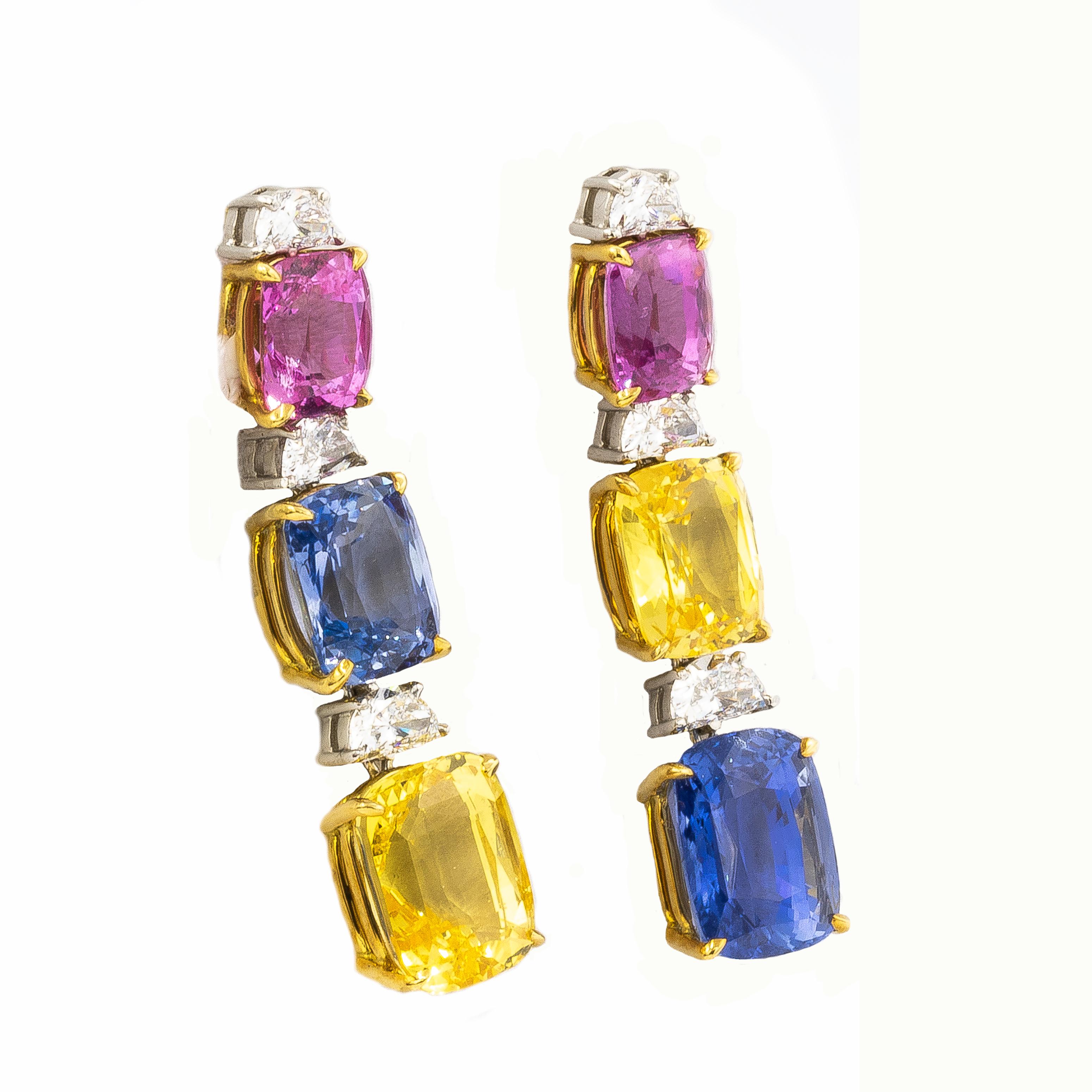 Asscher Cut Multi-Color Sapphire 25.8 Carat and Diamonds 1.6 Carat Earrings