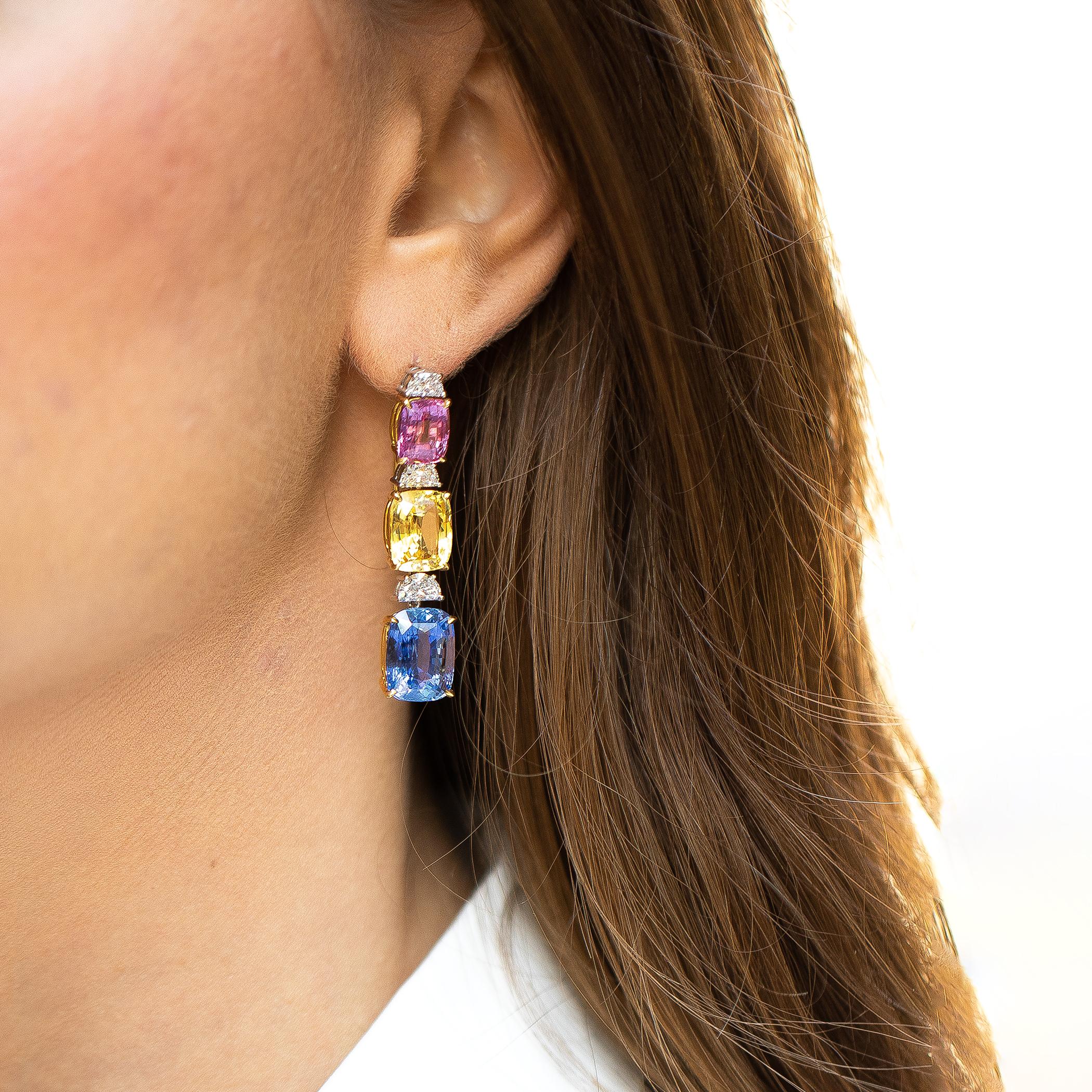 Multi-Color Sapphire 25.8 Carat and Diamonds 1.6 Carat Earrings In Excellent Condition In Carlsbad, CA