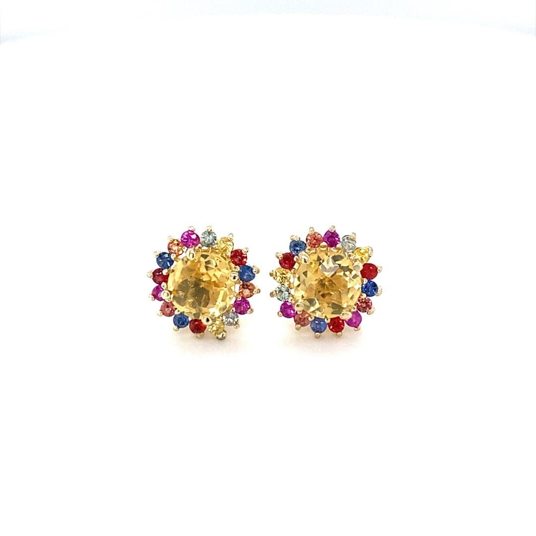 Round Cut Multi-Color Sapphire and Citrine Yellow Gold Stud Earrings For Sale