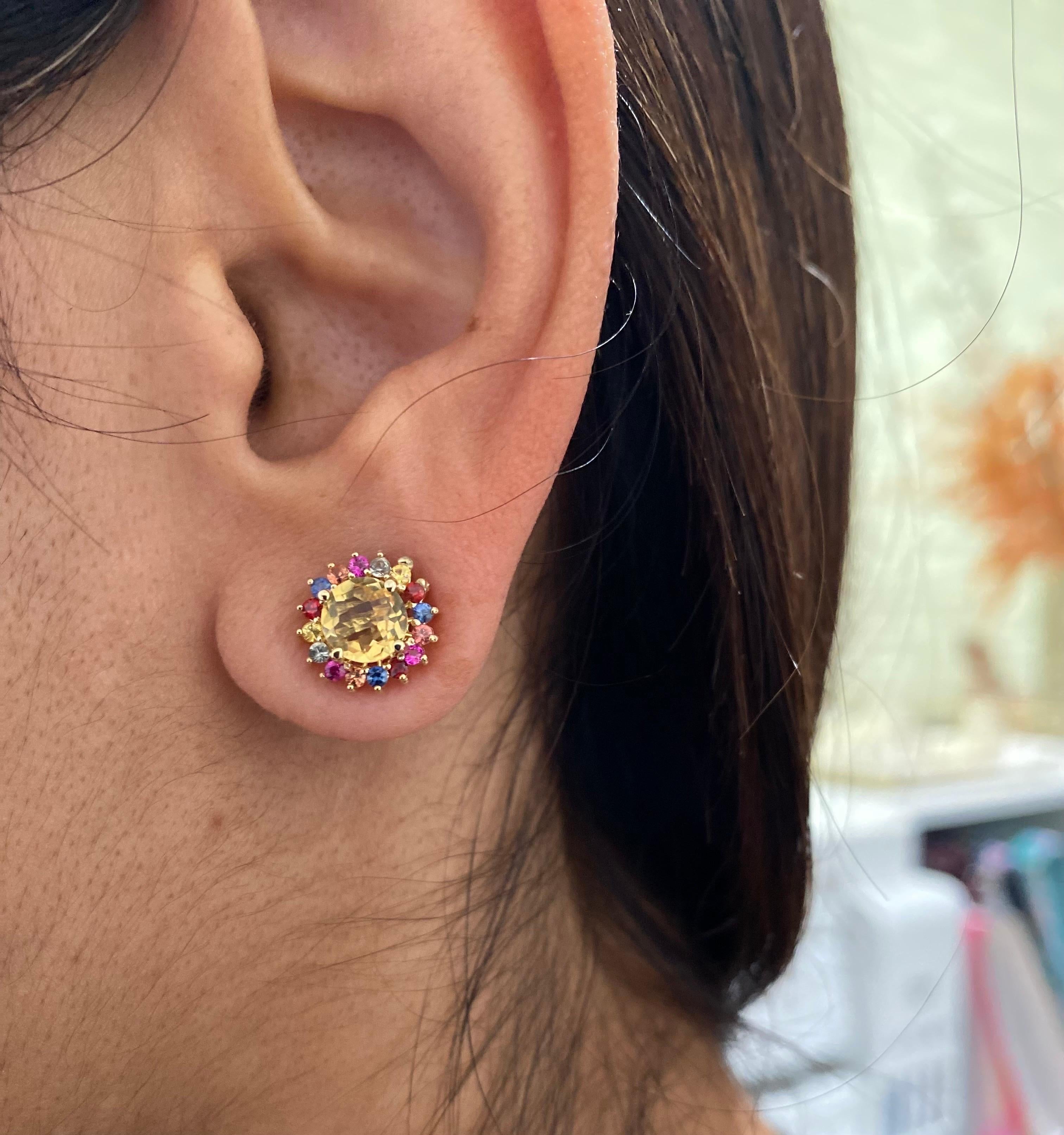 Multi-Color Sapphire and Citrine Yellow Gold Stud Earrings In New Condition For Sale In Los Angeles, CA