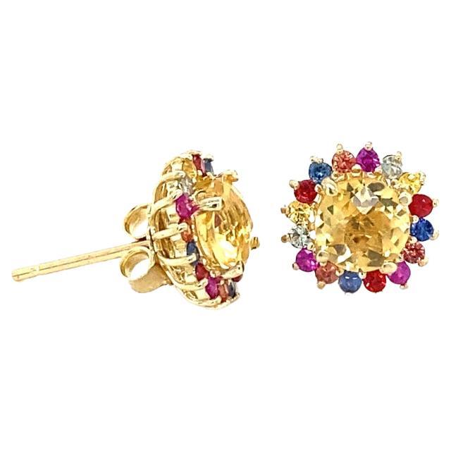 Multi-Color Sapphire and Citrine Yellow Gold Stud Earrings For Sale