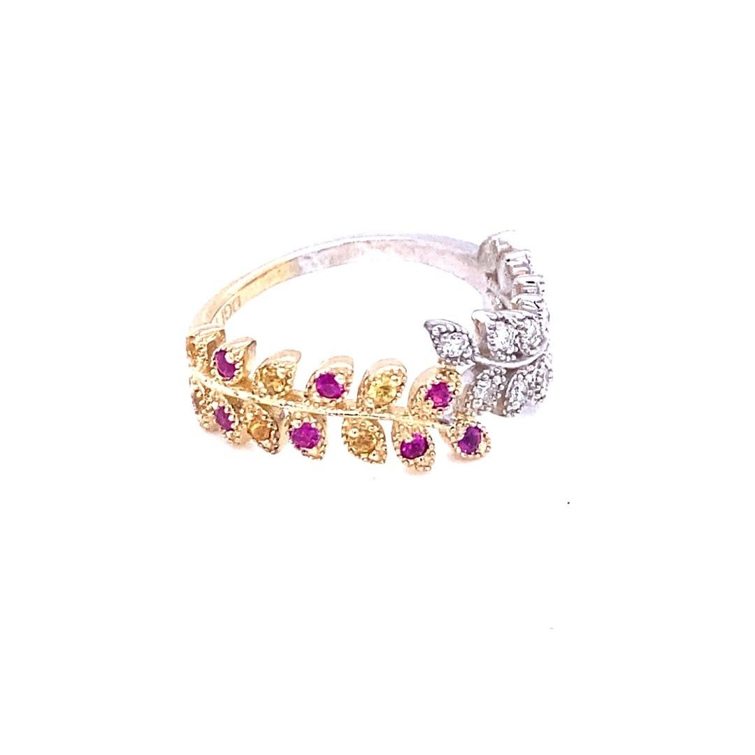 Cute and Dainty Sapphire and Diamond band that is sure to elevate your jewelry collection!

There are 13 Round Cut Diamonds that weigh 0.19 carats and 13 Round Cut Pink and Yellow Sapphires that weigh weight of 0.25 carats.   Total carat weight is