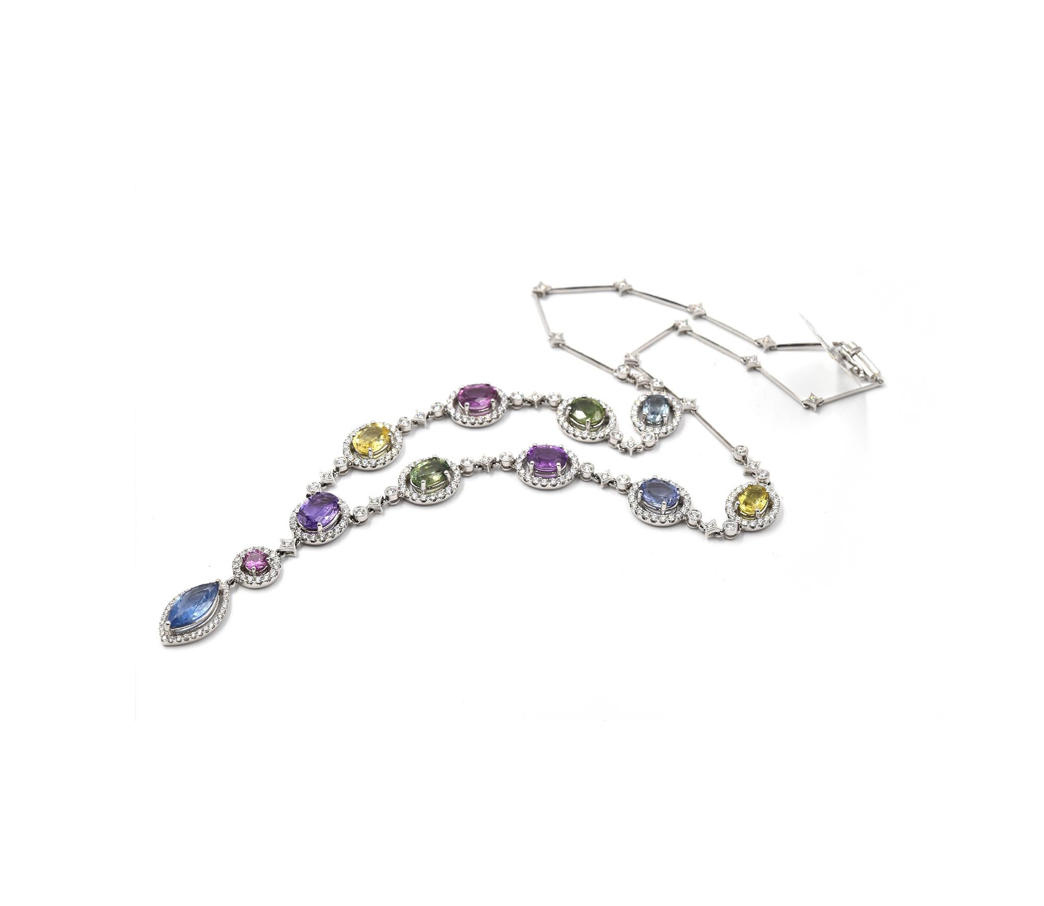 Designer: custom design
Material: 18k white gold
Multi-Color Sapphires: 11 multi-color sapphires in round, oval and marquise cut = 15.27 carat weight
Diamonds: 3.13 carat total weight
Dimensions: necklace is 20-inch long
Weight: 29.22 grams
