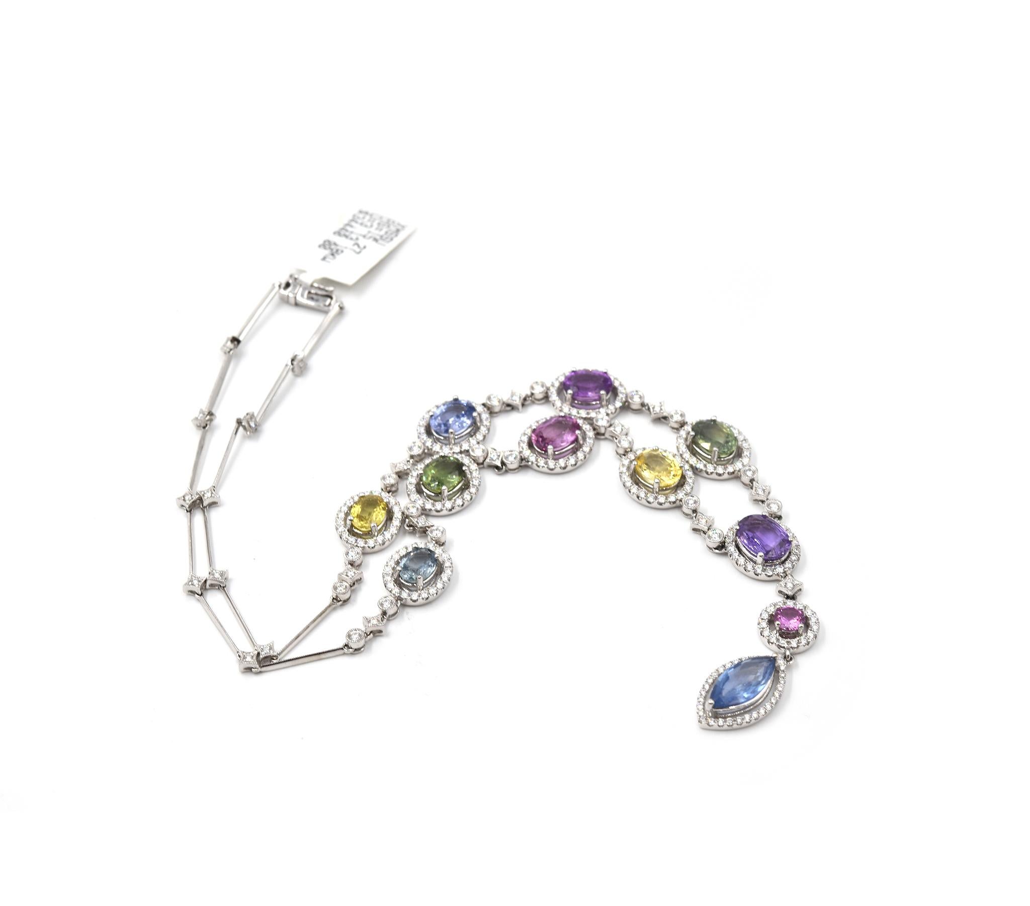 Multi-Color Sapphire and Diamond 18 Karat White Gold Necklace In Excellent Condition In Scottsdale, AZ