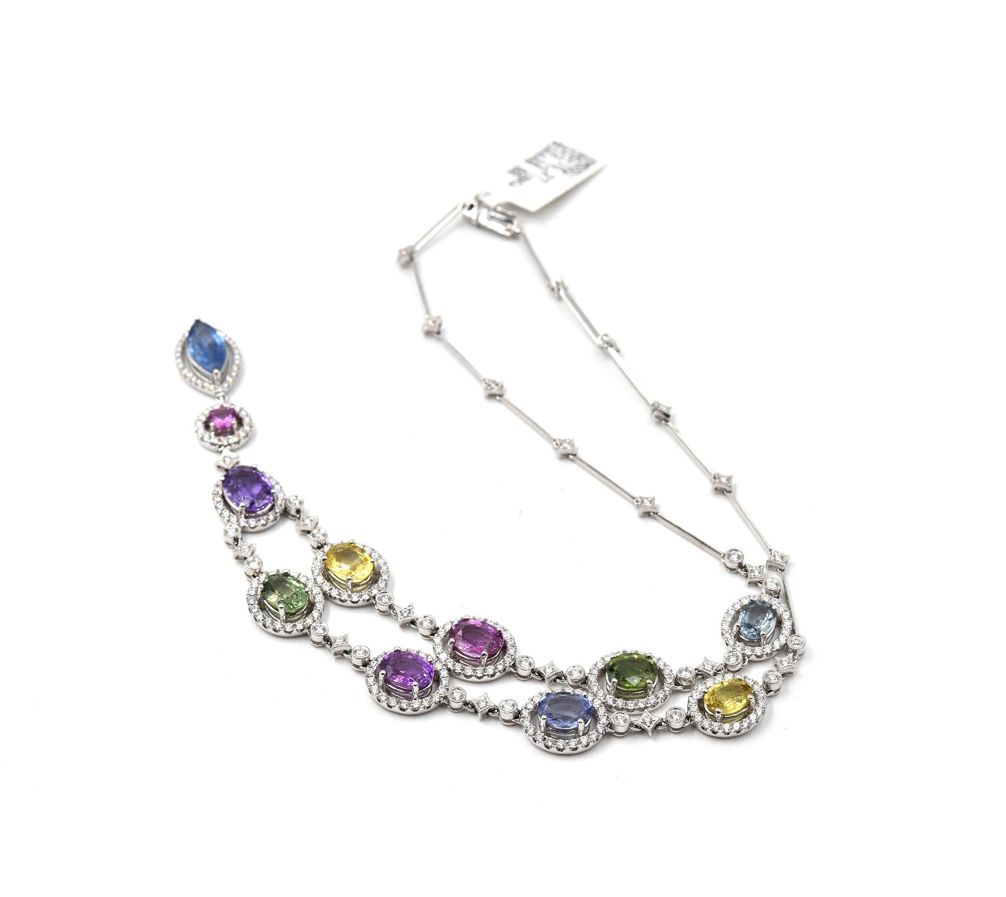 Women's Multi-Color Sapphire and Diamond 18 Karat White Gold Necklace