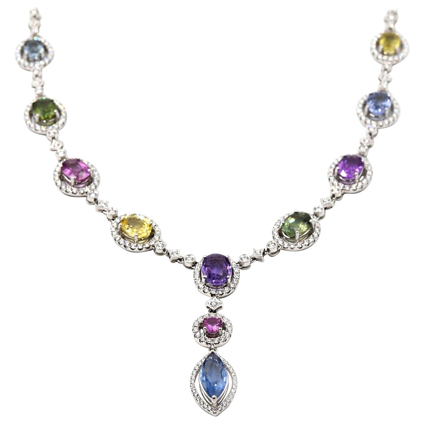 Multi-Color Sapphire and Diamond 18 Karat White Gold Necklace