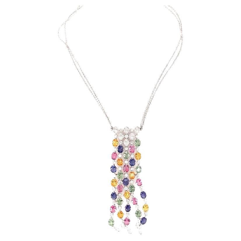 Multi-Color Sapphire and Diamond 18K White Gold Pendant, circa 1980s