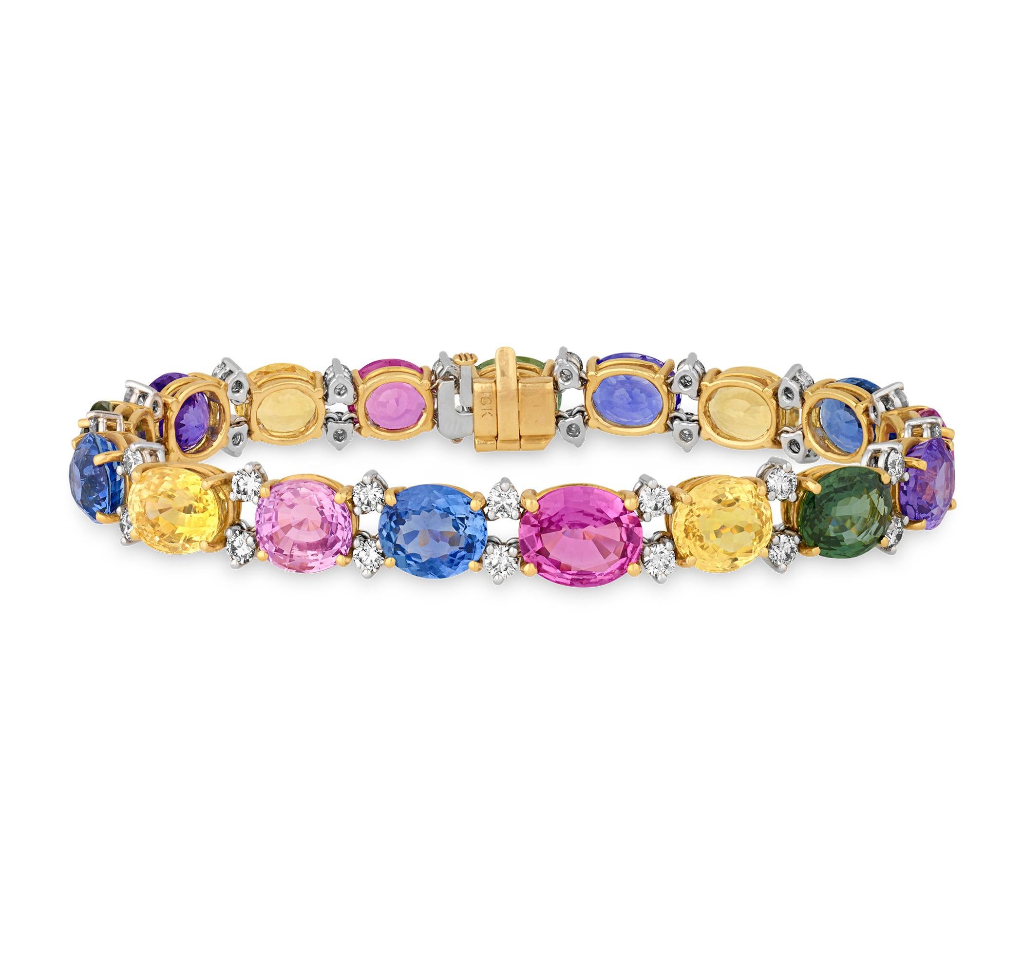 Oval Cut Multi-Color Sapphire Bracelet, 43.49 Carats For Sale