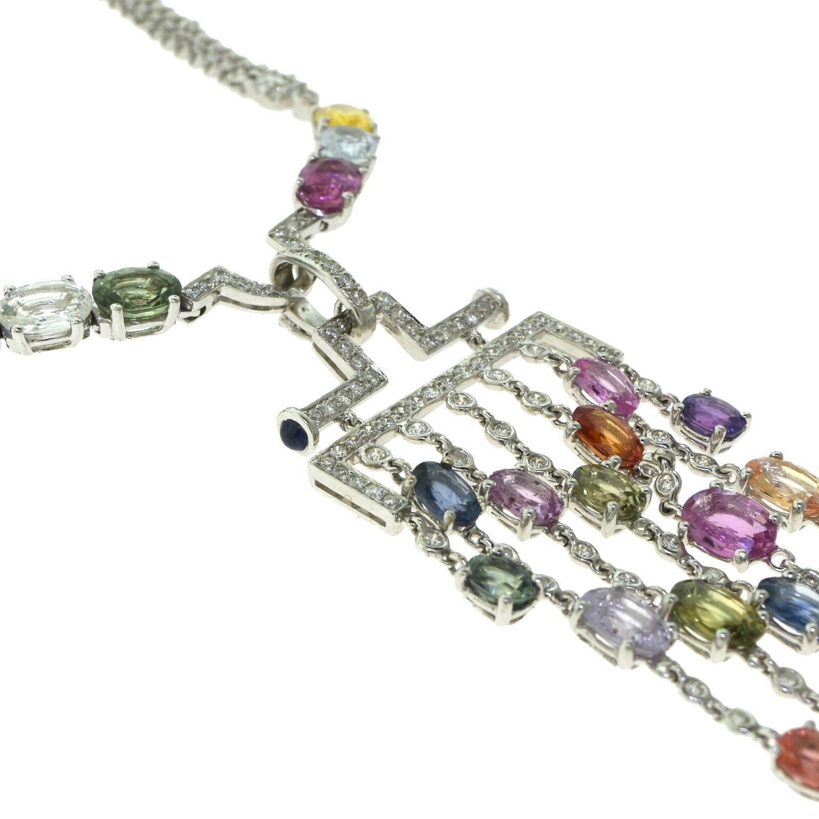 Round Cut Multi-Color Sapphire and Diamond Chandelier Necklace and Earring White Gold Set For Sale