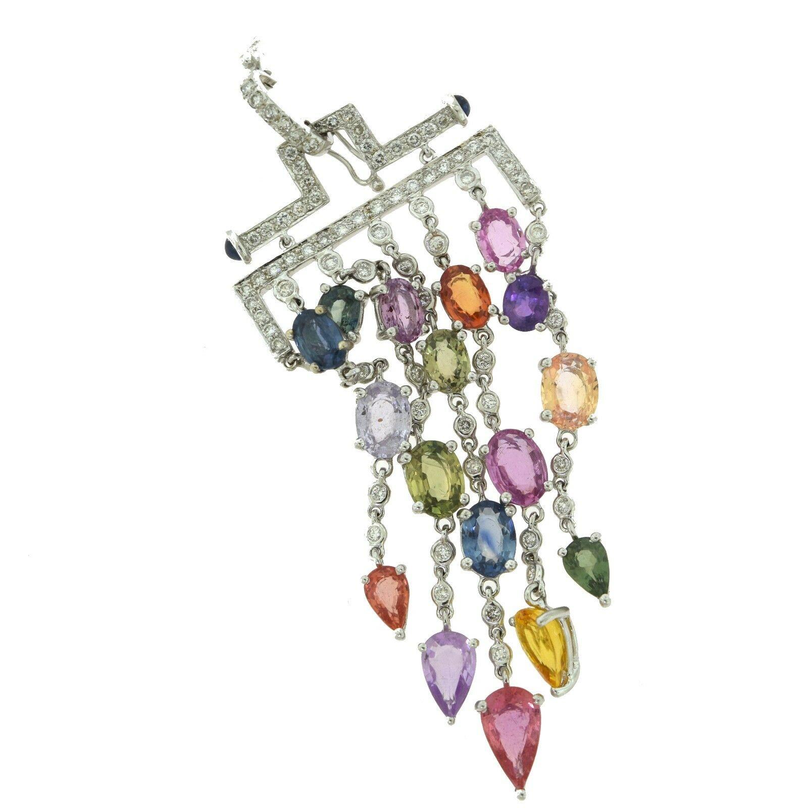 Multi-Color Sapphire and Diamond Chandelier Necklace and Earring White Gold Set For Sale 3