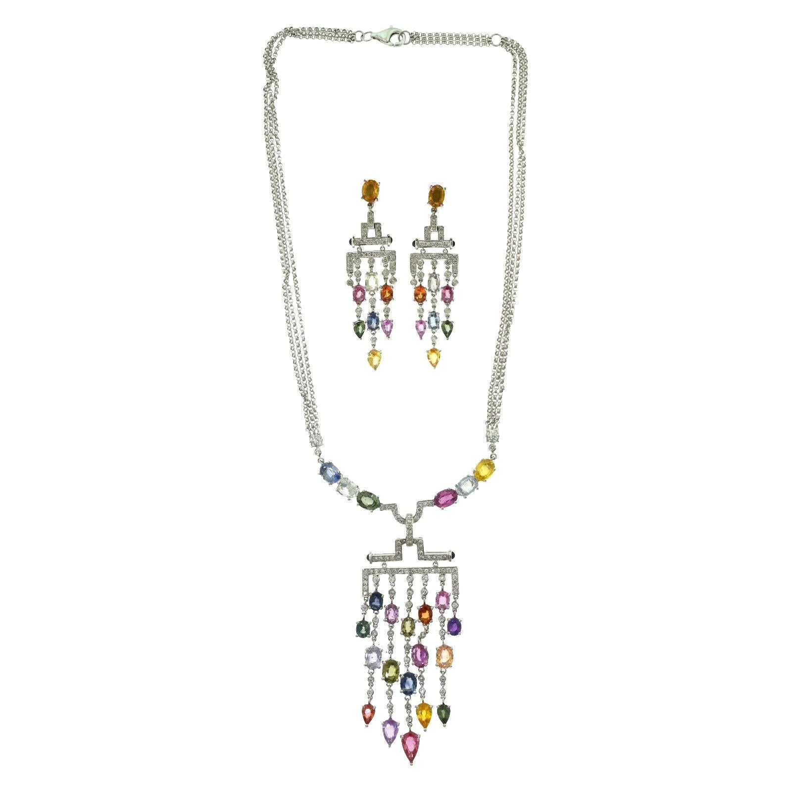 Multi-Color Sapphire and Diamond Chandelier Necklace and Earring White Gold Set For Sale