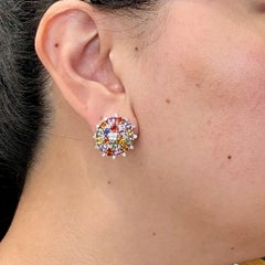 Multi-Color Sapphire and Diamond Cluster Earrings 18k White Gold