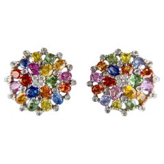 Multi-Color Sapphire and Diamond Cluster Earrings 18k White Gold