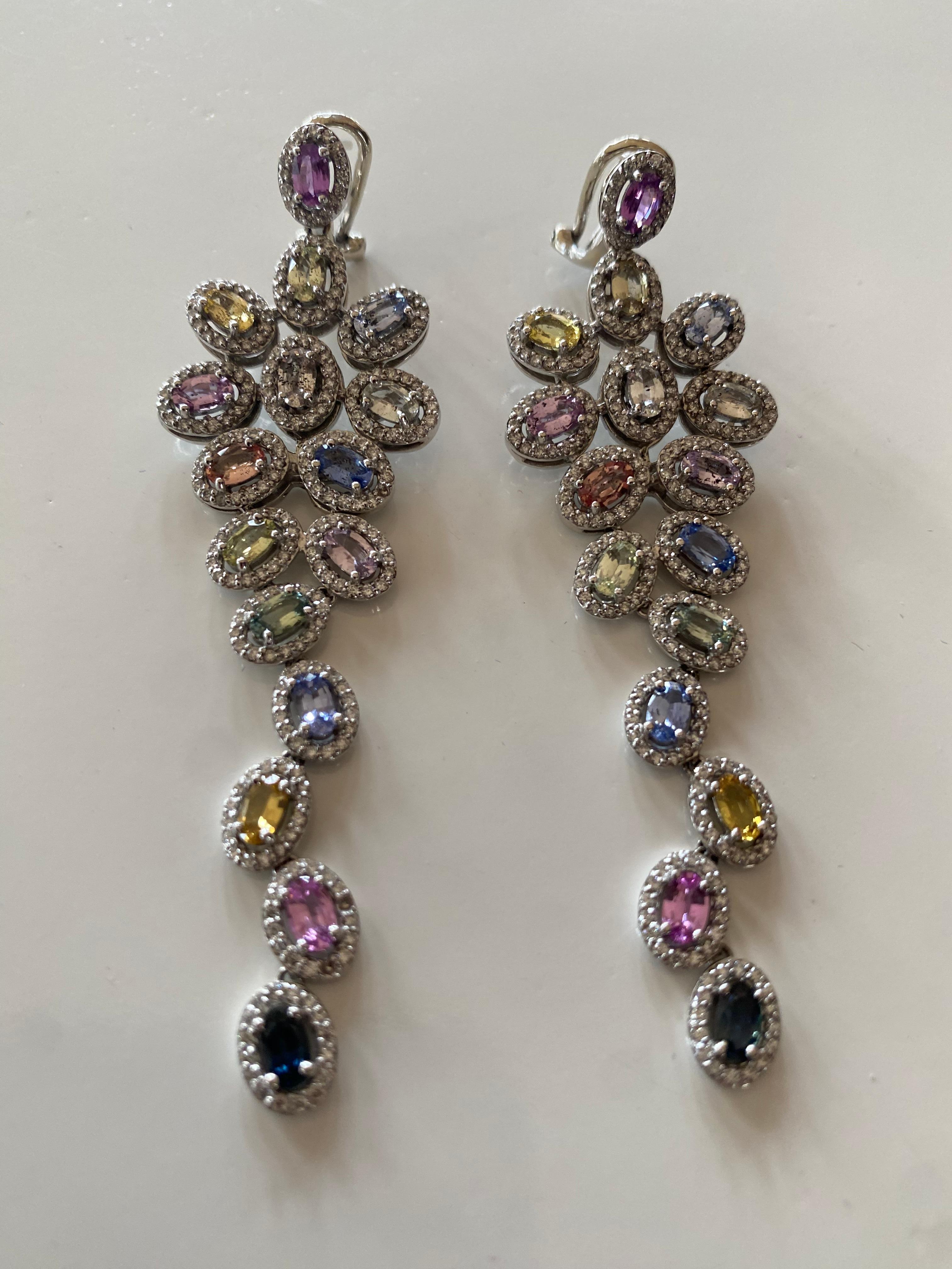 Multi-Color Sapphire and Diamond Drop Down Earrings For Sale 4