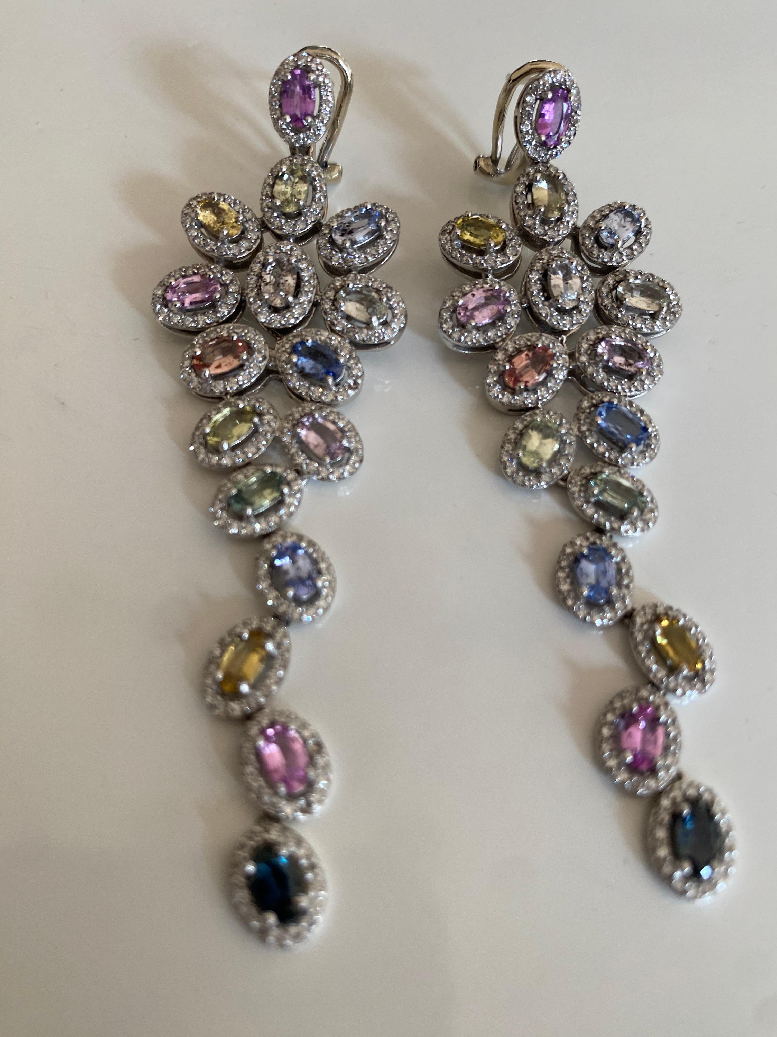 Multi-Color Sapphire and Diamond Drop Down Earrings For Sale 5