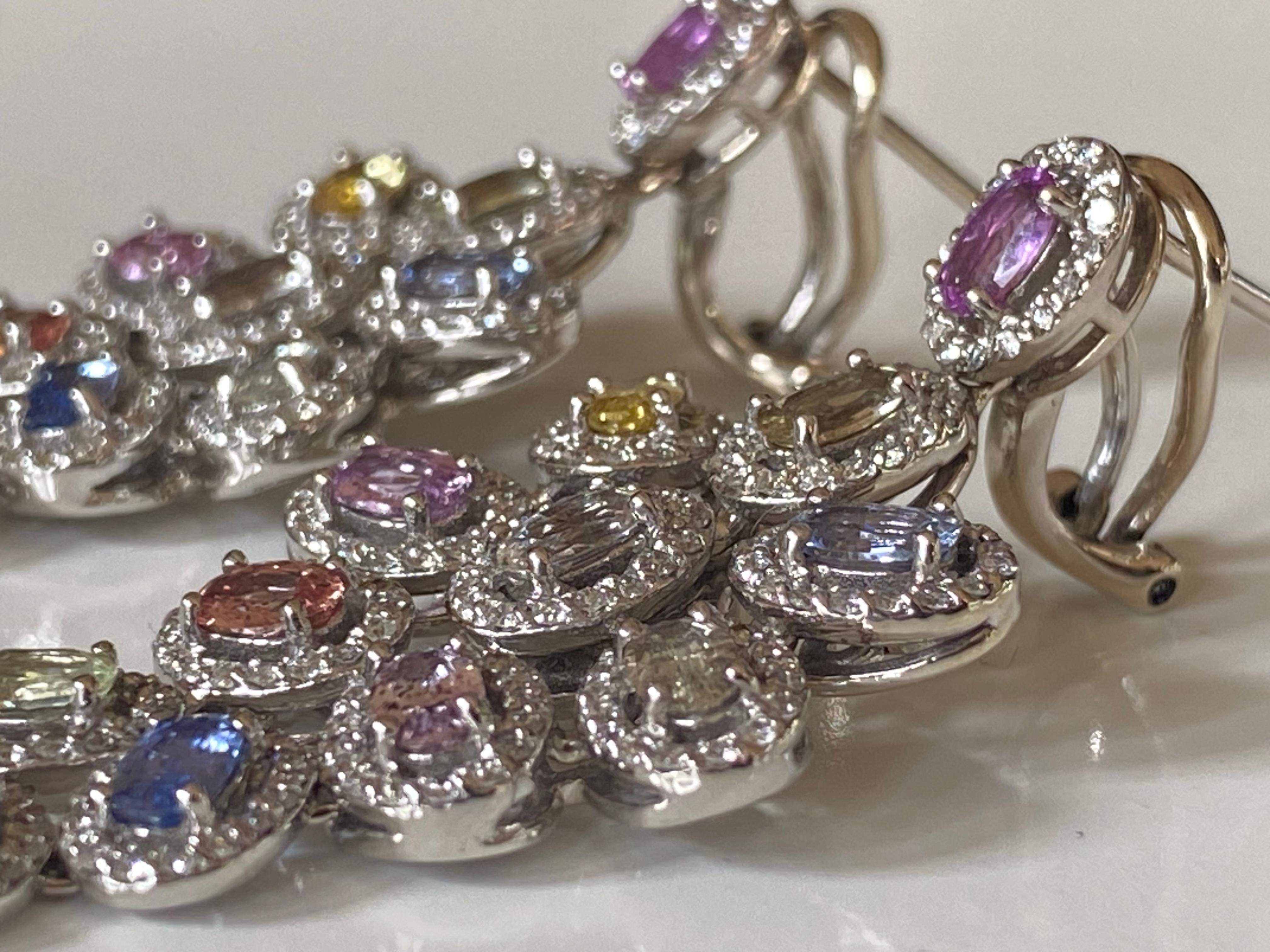 Multi-Color Sapphire and Diamond Drop Down Earrings In New Condition For Sale In Denver, CO