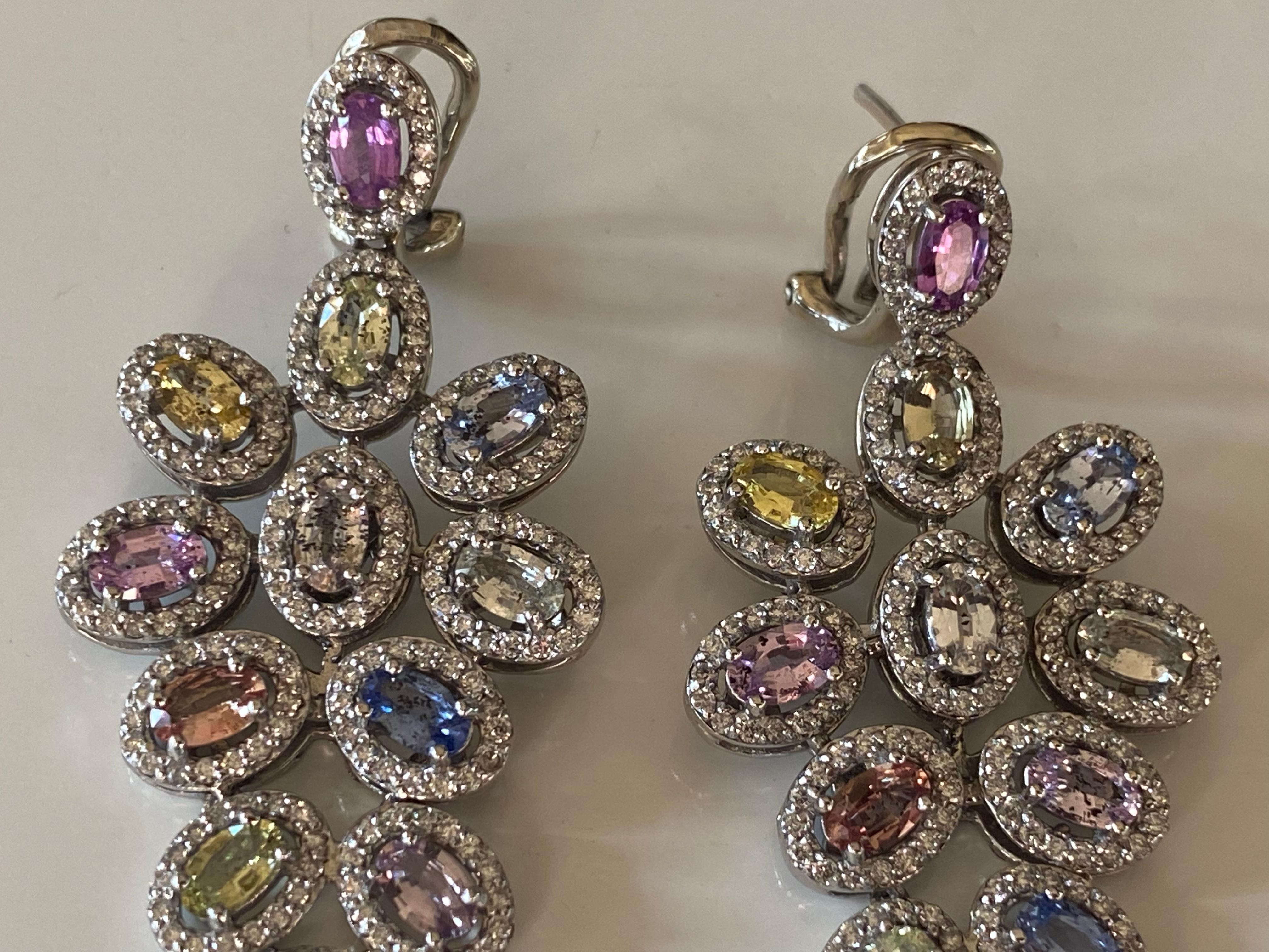 Multi-Color Sapphire and Diamond Drop Down Earrings For Sale 2