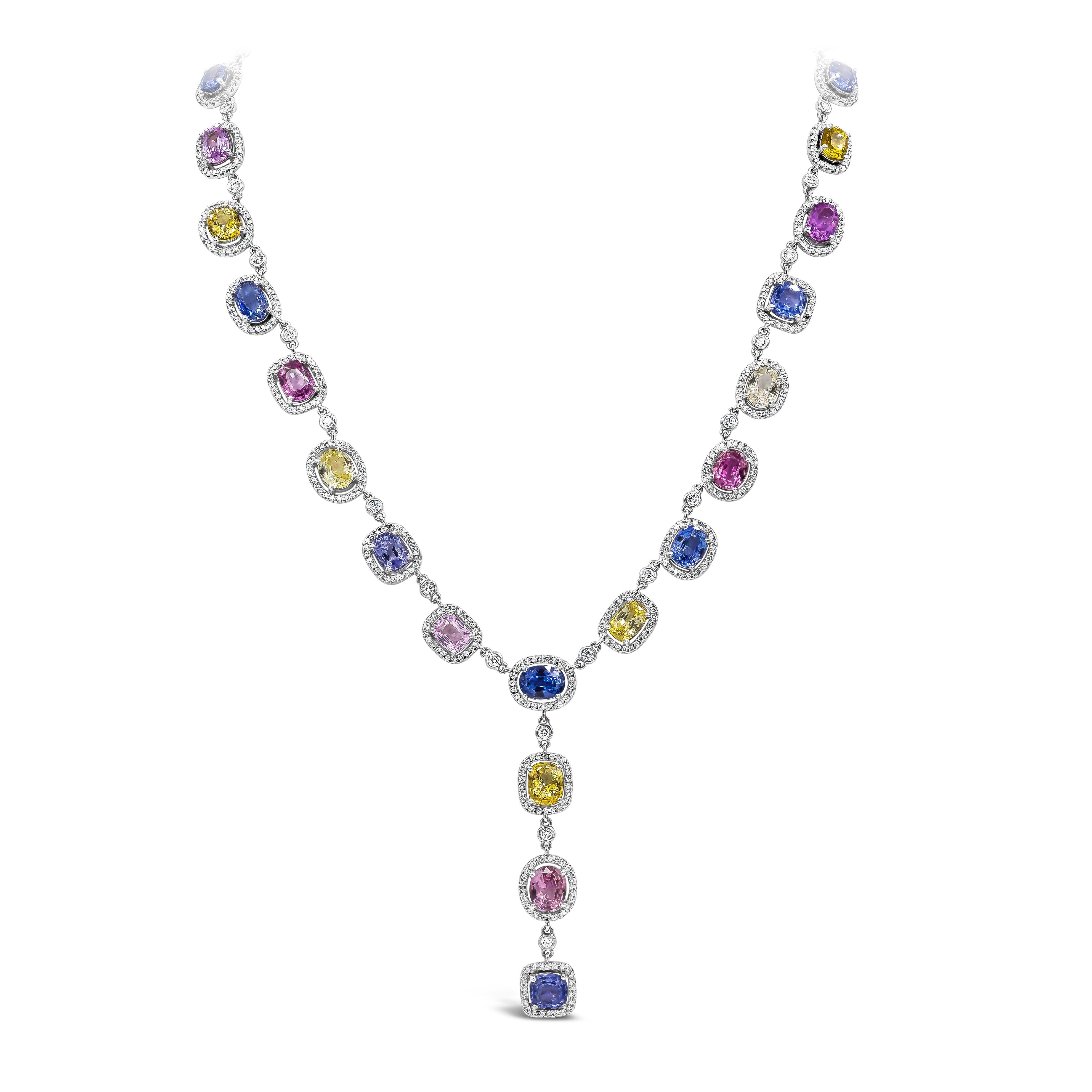 Multi-Color Sapphire and Diamond Halo Drop Necklace at 1stDibs