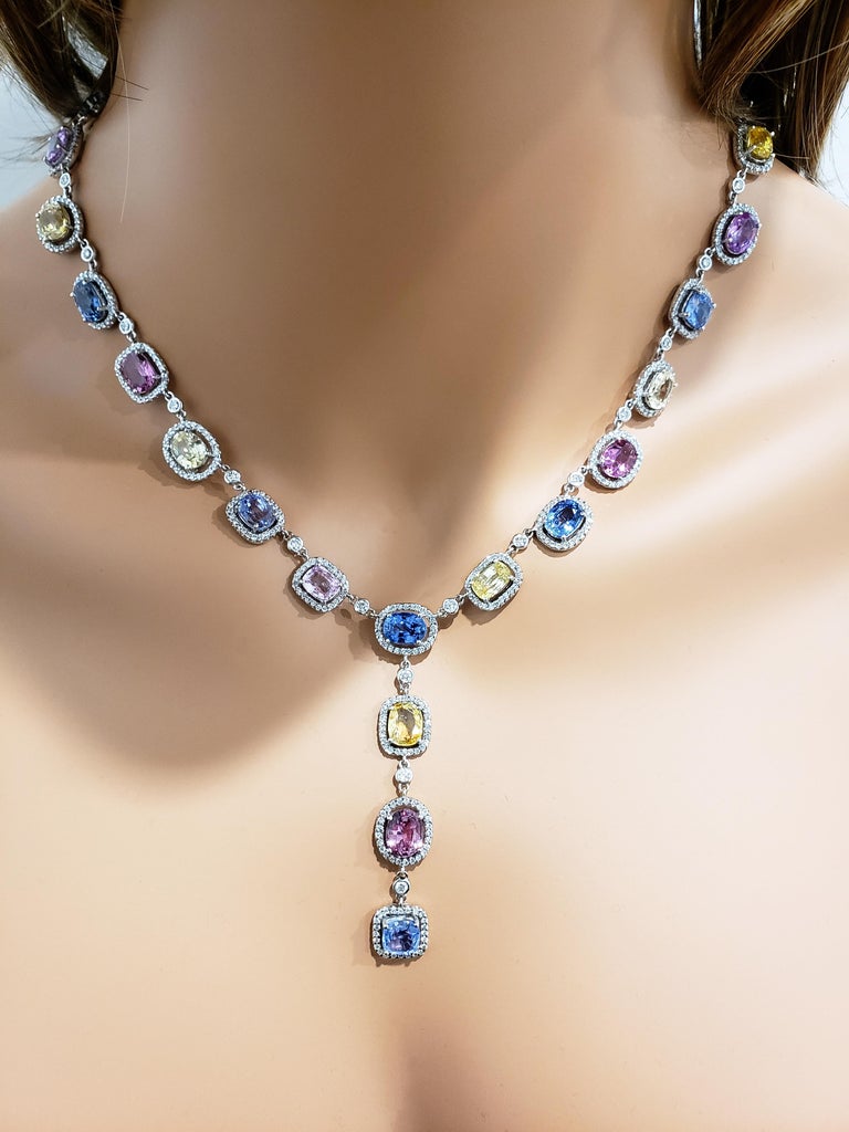 Multi-Color Sapphire and Diamond Halo Drop Necklace at 1stDibs