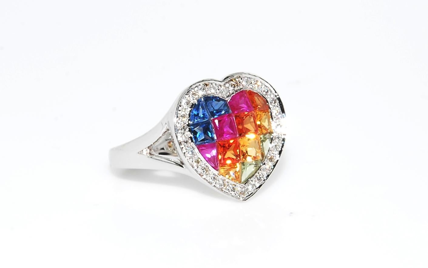 Art Nouveau Multi-Color Sapphire and Diamond Heart Shaped Ring in 18 Karat White Gold