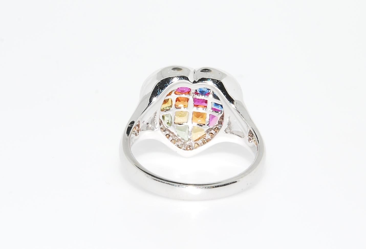 Women's or Men's Multi-Color Sapphire and Diamond Heart Shaped Ring in 18 Karat White Gold