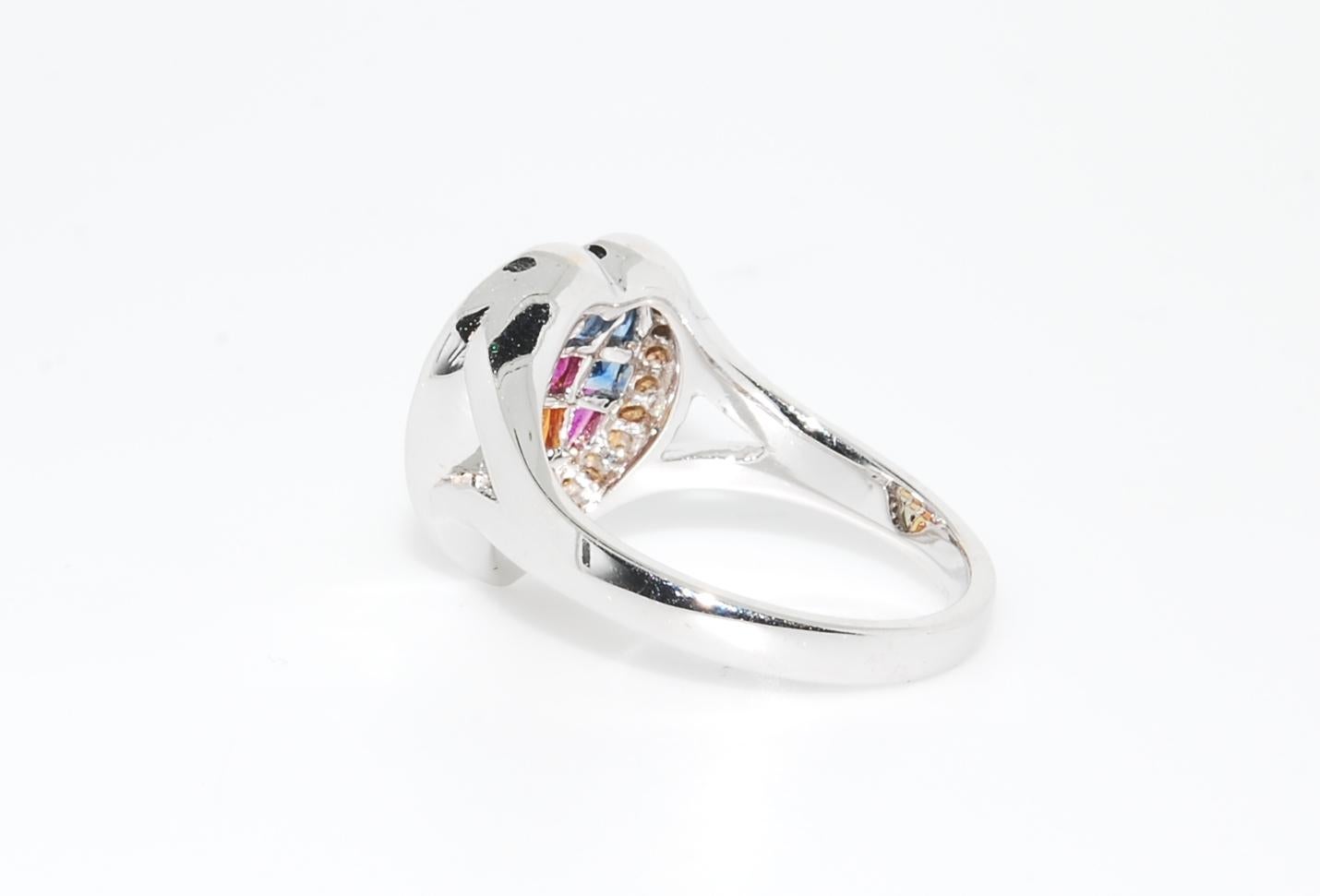 Multi-Color Sapphire and Diamond Heart Shaped Ring in 18 Karat White Gold 1