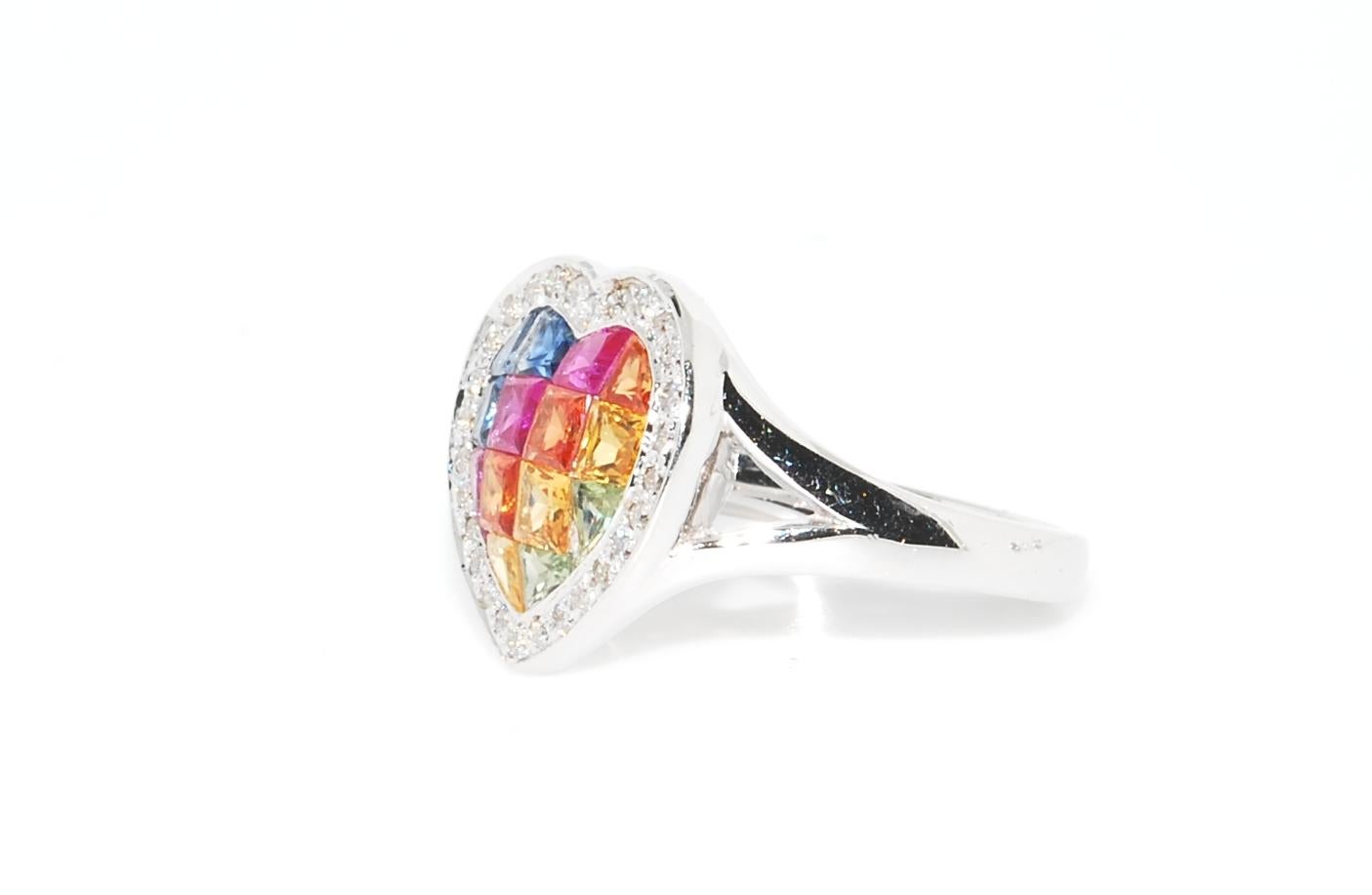 Multi-Color Sapphire and Diamond Heart Shaped Ring in 18 Karat White Gold 2