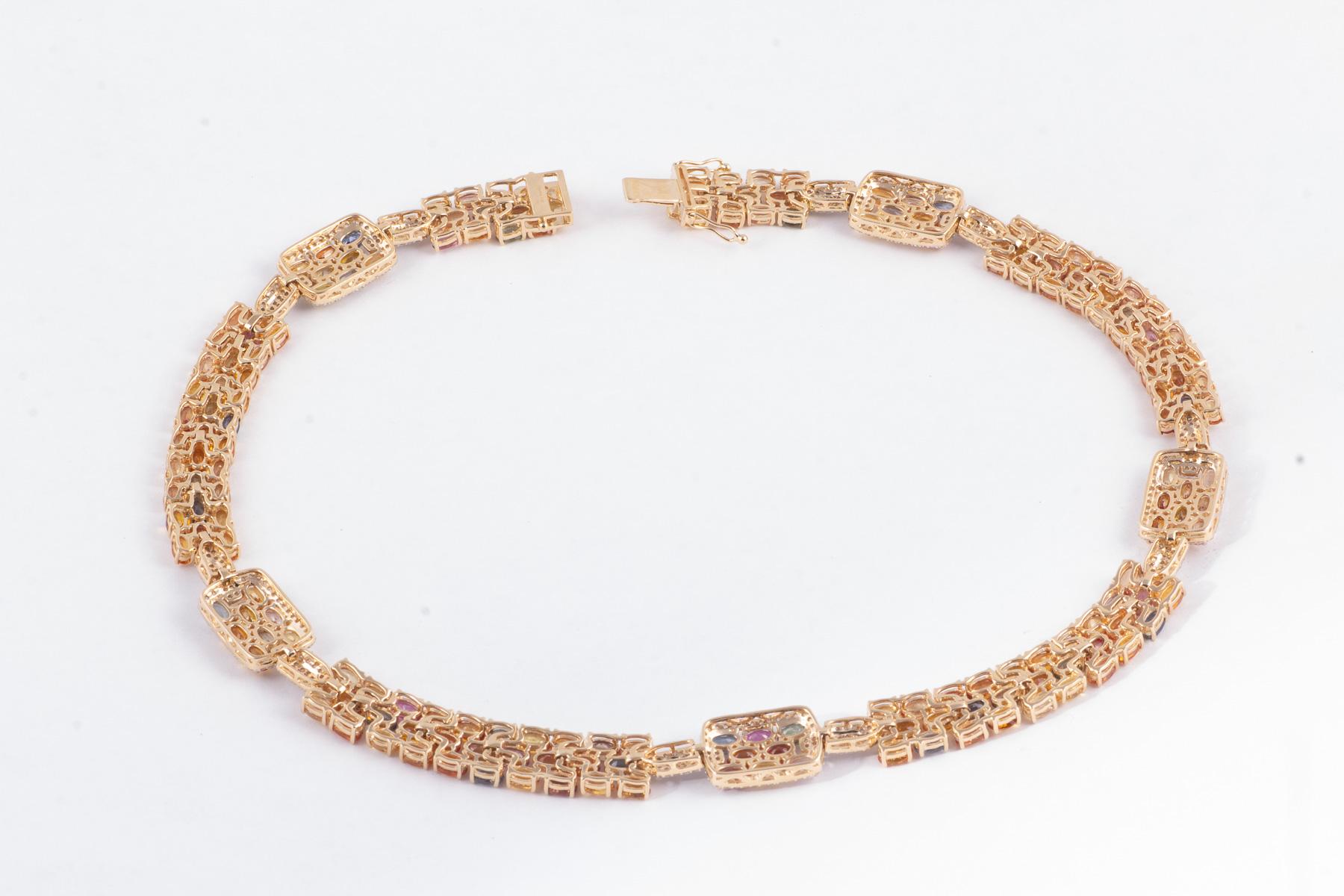 Mehrfarbige Halskette mit Saphiren und Diamanten (Einfacher Schliff) im Angebot