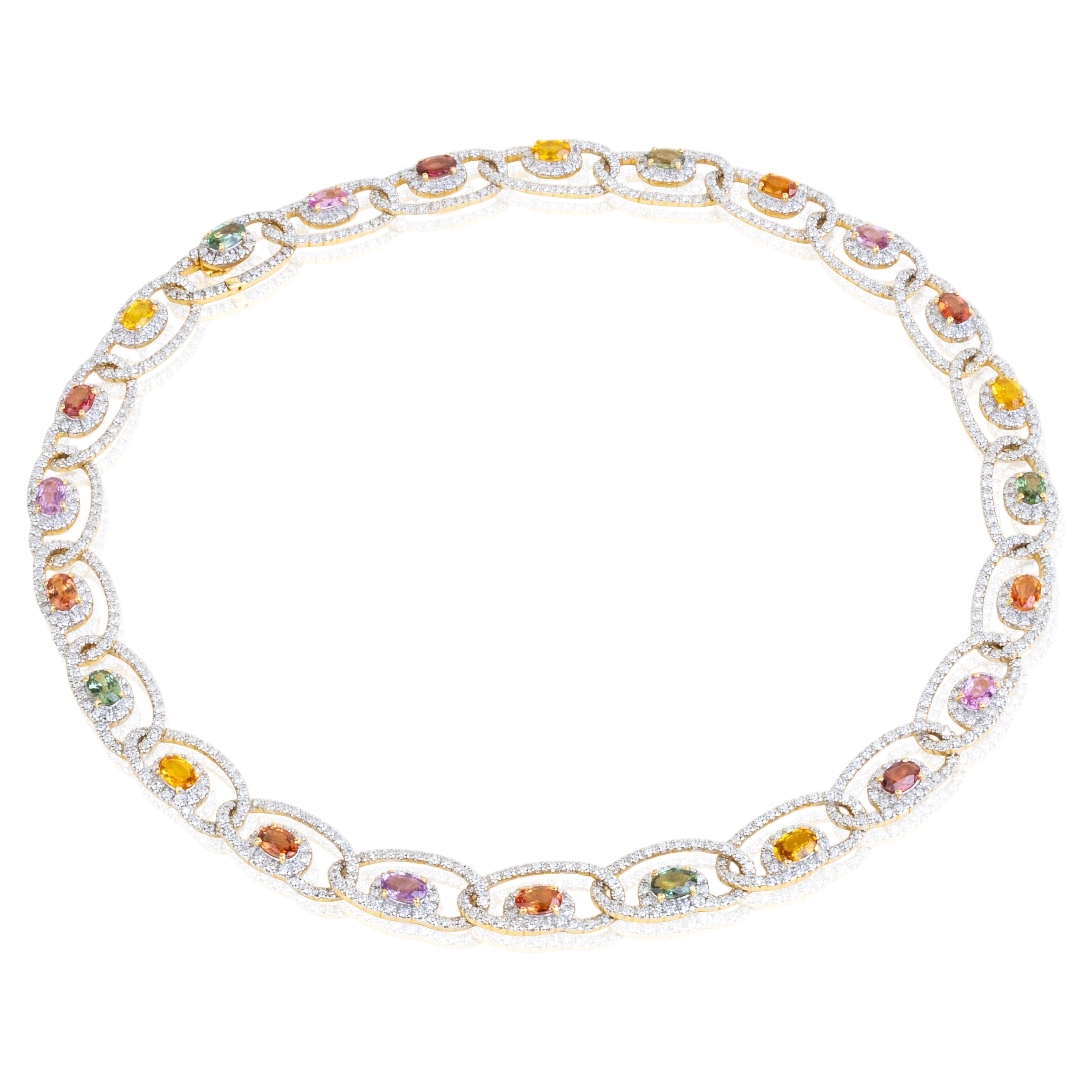 Multi-Color Sapphire and Diamond Necklace in 18k Two-Tone Gold