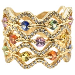 Multi-Color Sapphire and Diamond Ring 14 Karat Yellow Gold
