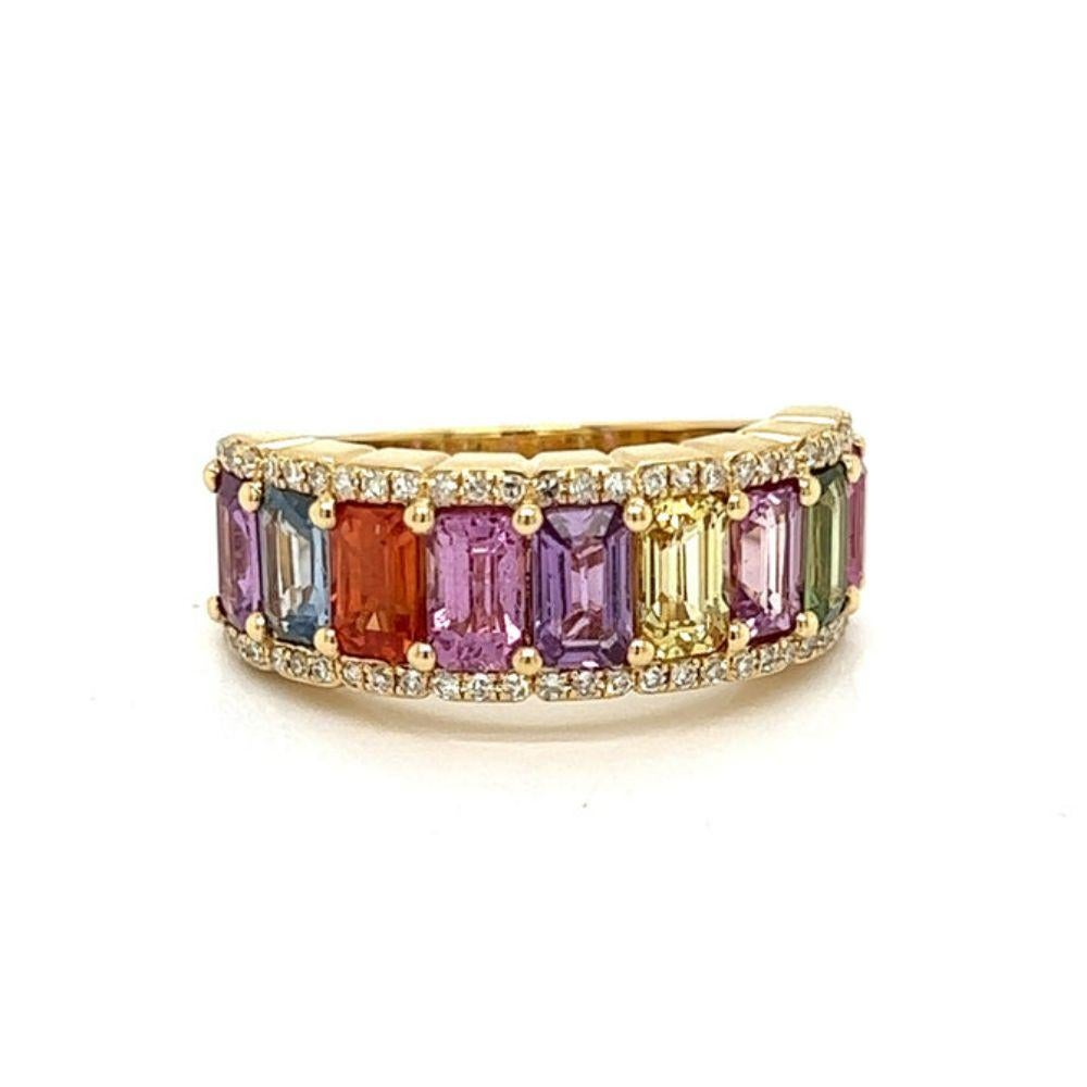 Emerald Cut Multi-Color Sapphire and Diamond Ring in 14k Yellow Gold For Sale
