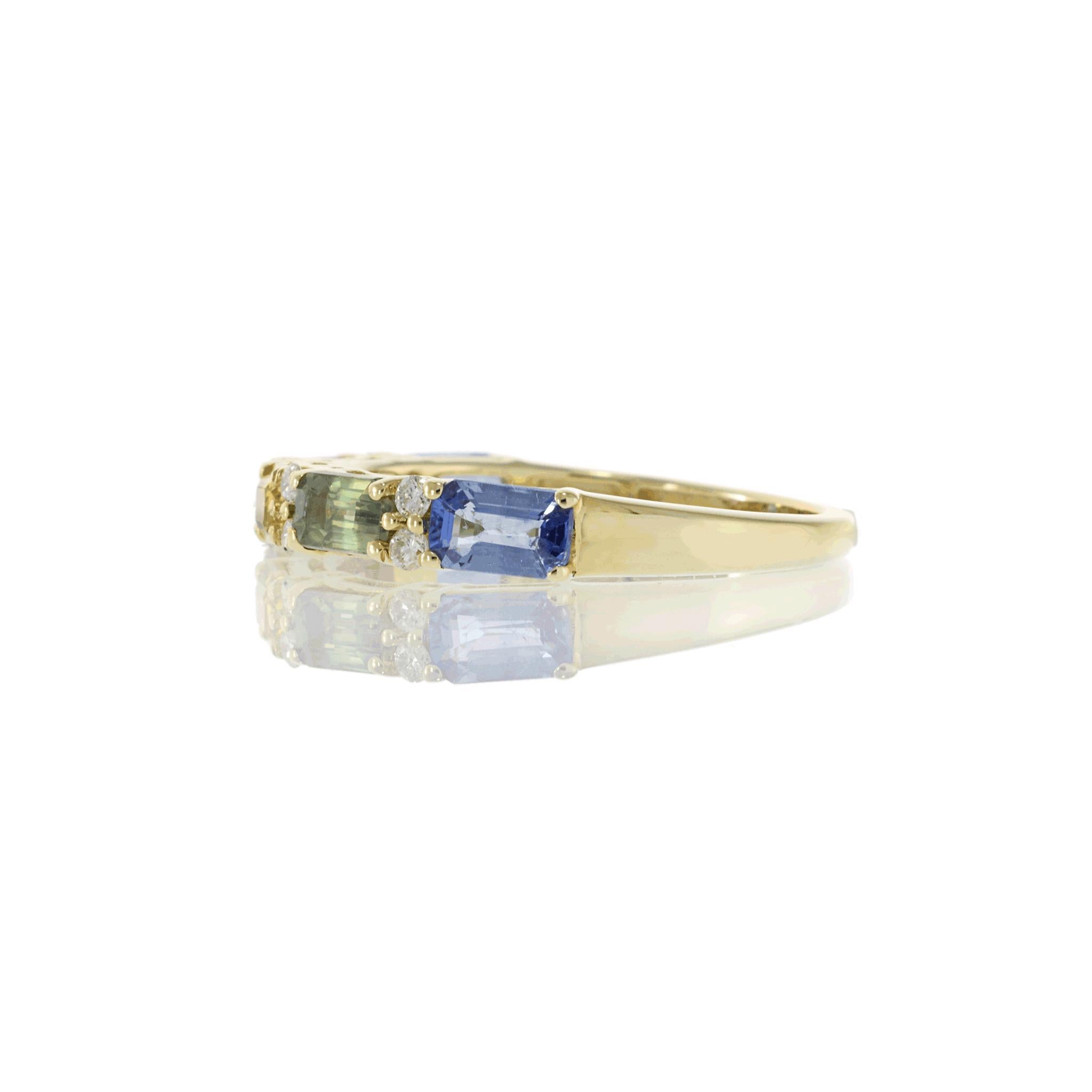 Bague en or jaune 14KT avec saphir multicolore et diamant Neuf - En vente à New York, NY