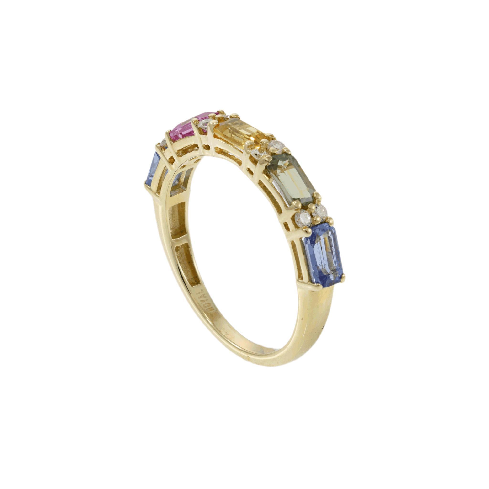Bague en or jaune 14KT avec saphir multicolore et diamant en vente 1