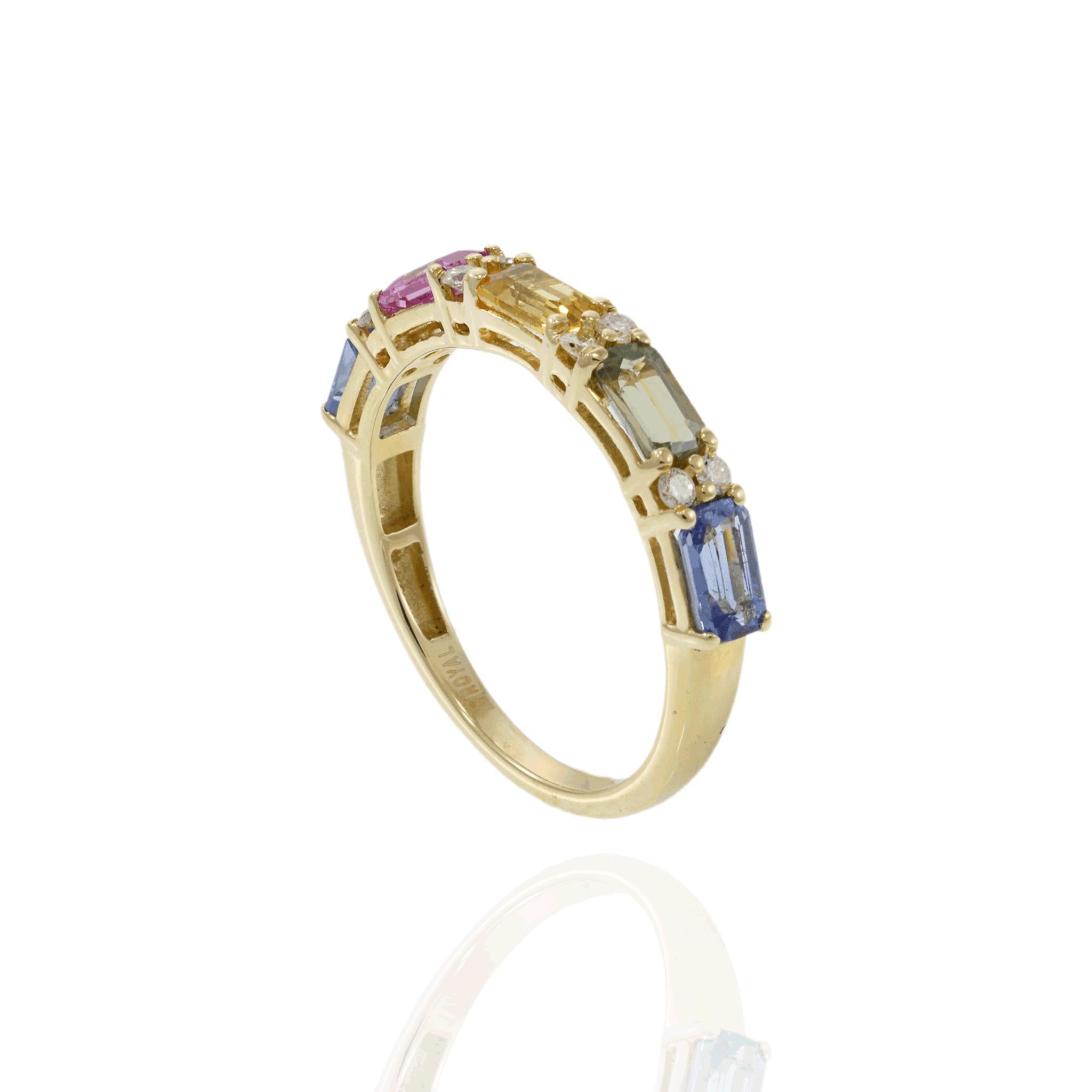 Bague en or jaune 14KT avec saphir multicolore et diamant en vente 2