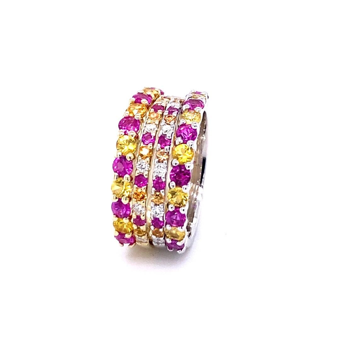 Contemporary Multi Color Sapphire and Diamond Stackable Gold Band Set For Sale