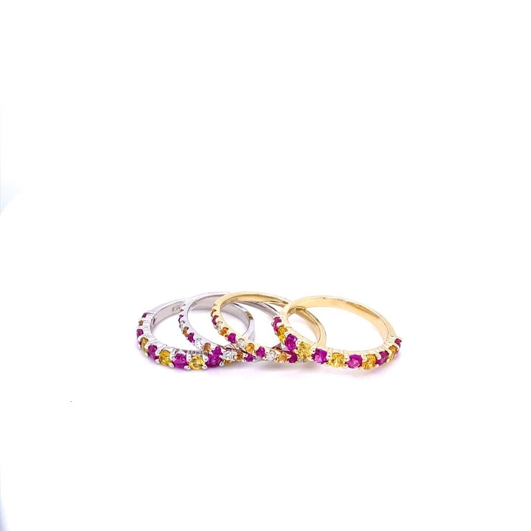 Round Cut Multi Color Sapphire and Diamond Stackable Gold Band Set For Sale