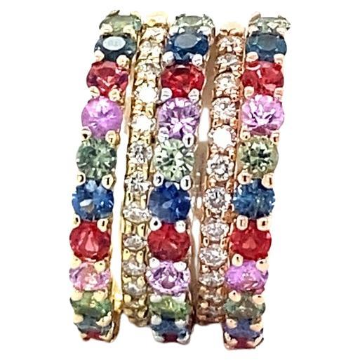 3.38 Carat Multi Color Sapphire Diamond Stackable Gold Bands