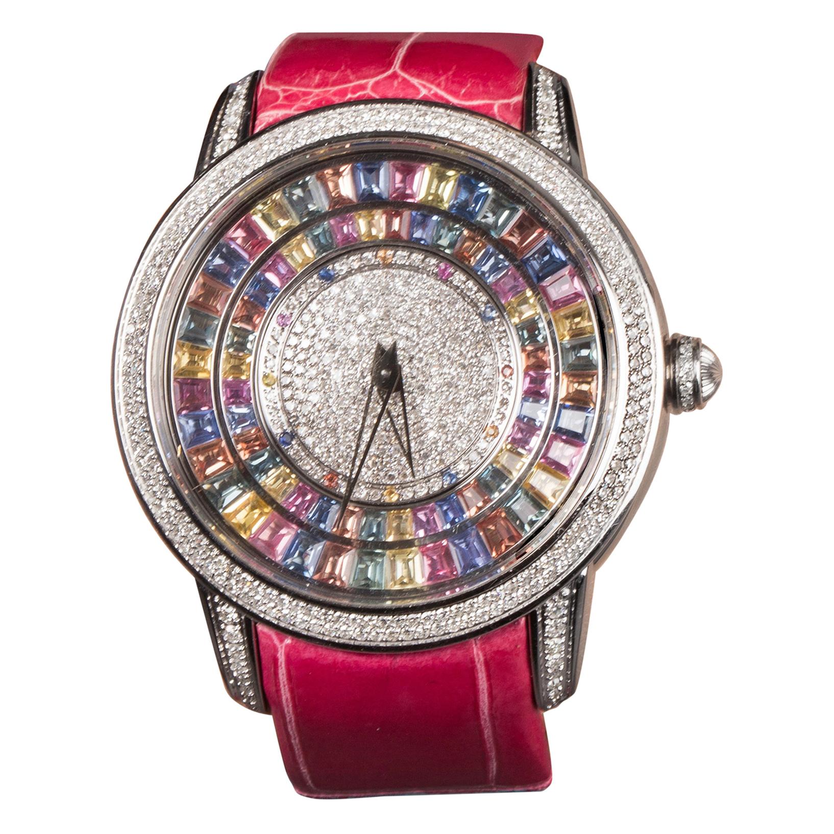 Multi-Color Sapphire and Diamond Watch For Sale