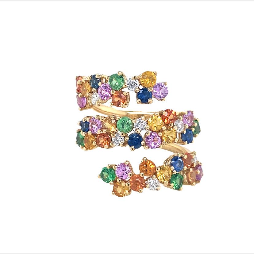 Rainbow Sapphire Collection,

Round multi-colored Sapphires with Diamonds in 18K yellow gold.
Multi Sapphire: 3.10ct total weight
Diamond: 0.27ct total weight
All diamonds are G-H/SI stones. 

