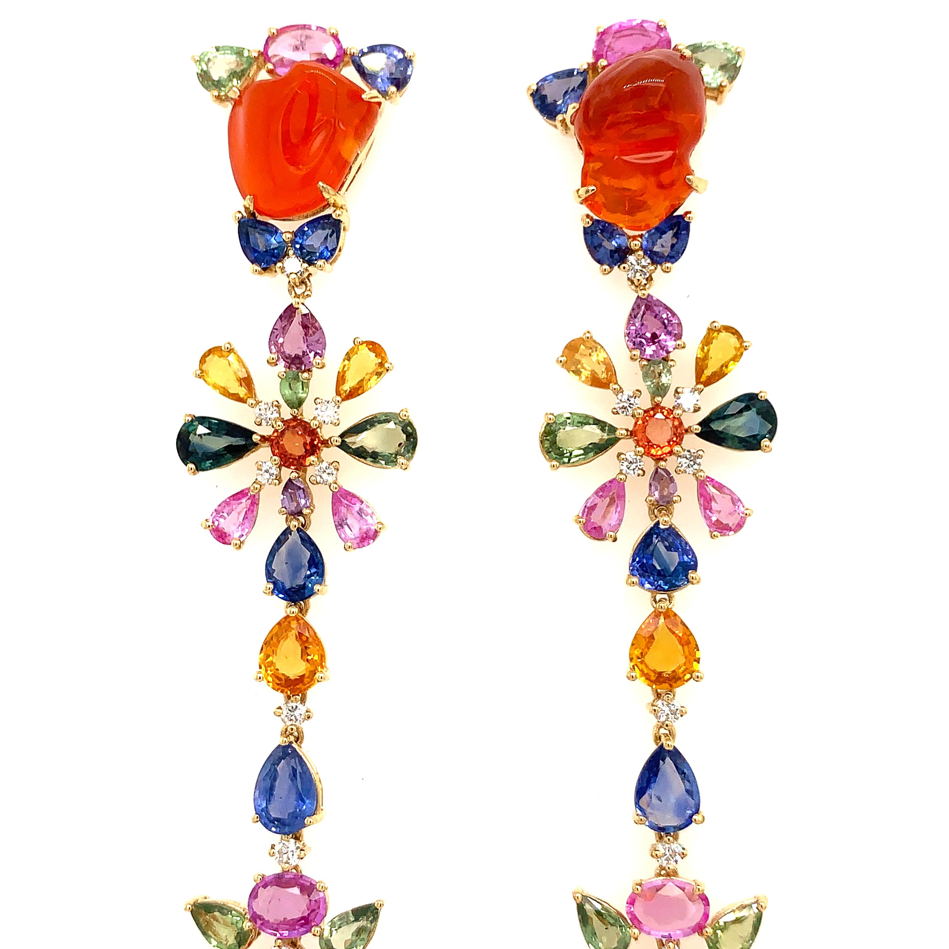 Contemporary Multi-Color Sapphire and Fire Opal Drop Earrings