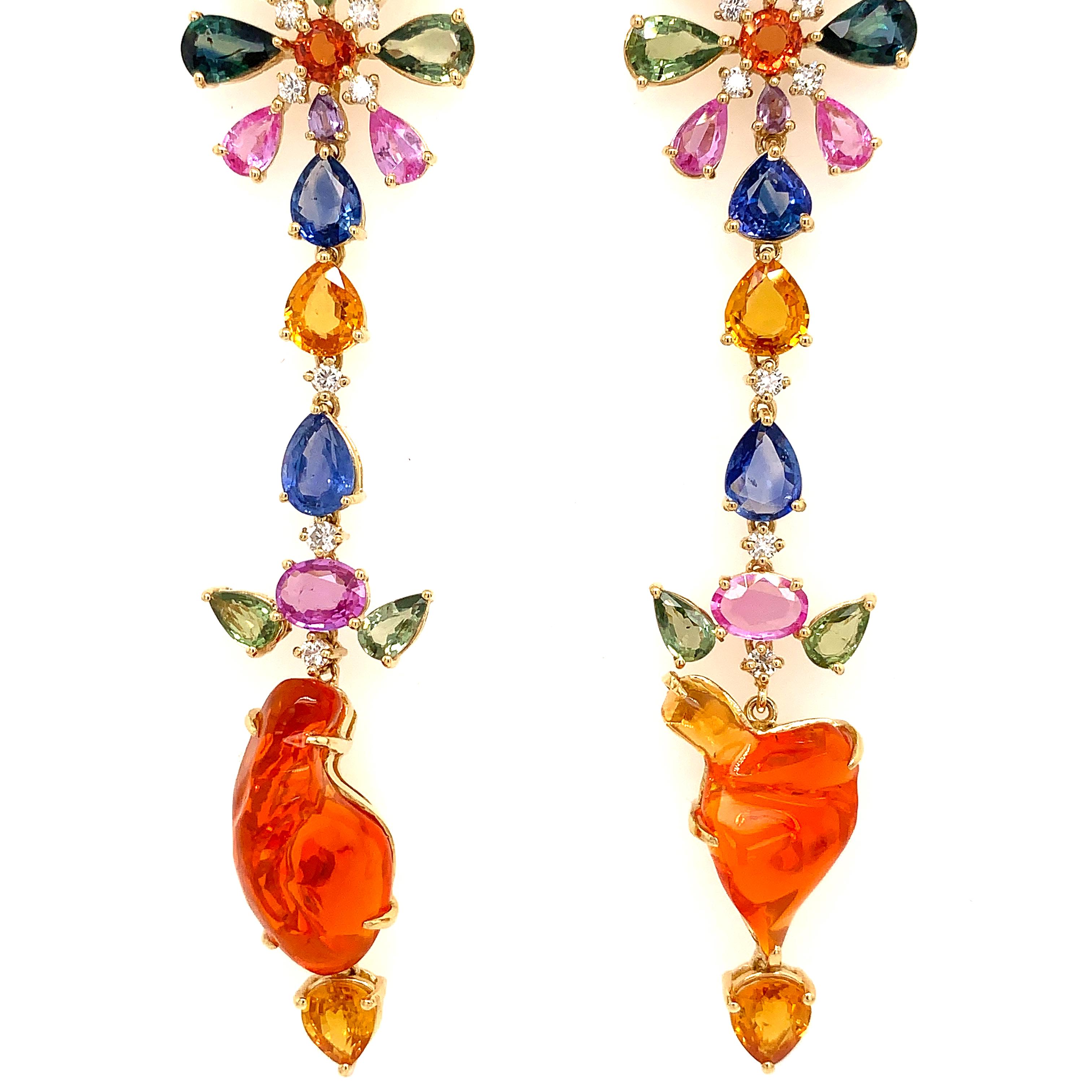 Pear Cut Multi-Color Sapphire and Fire Opal Drop Earrings