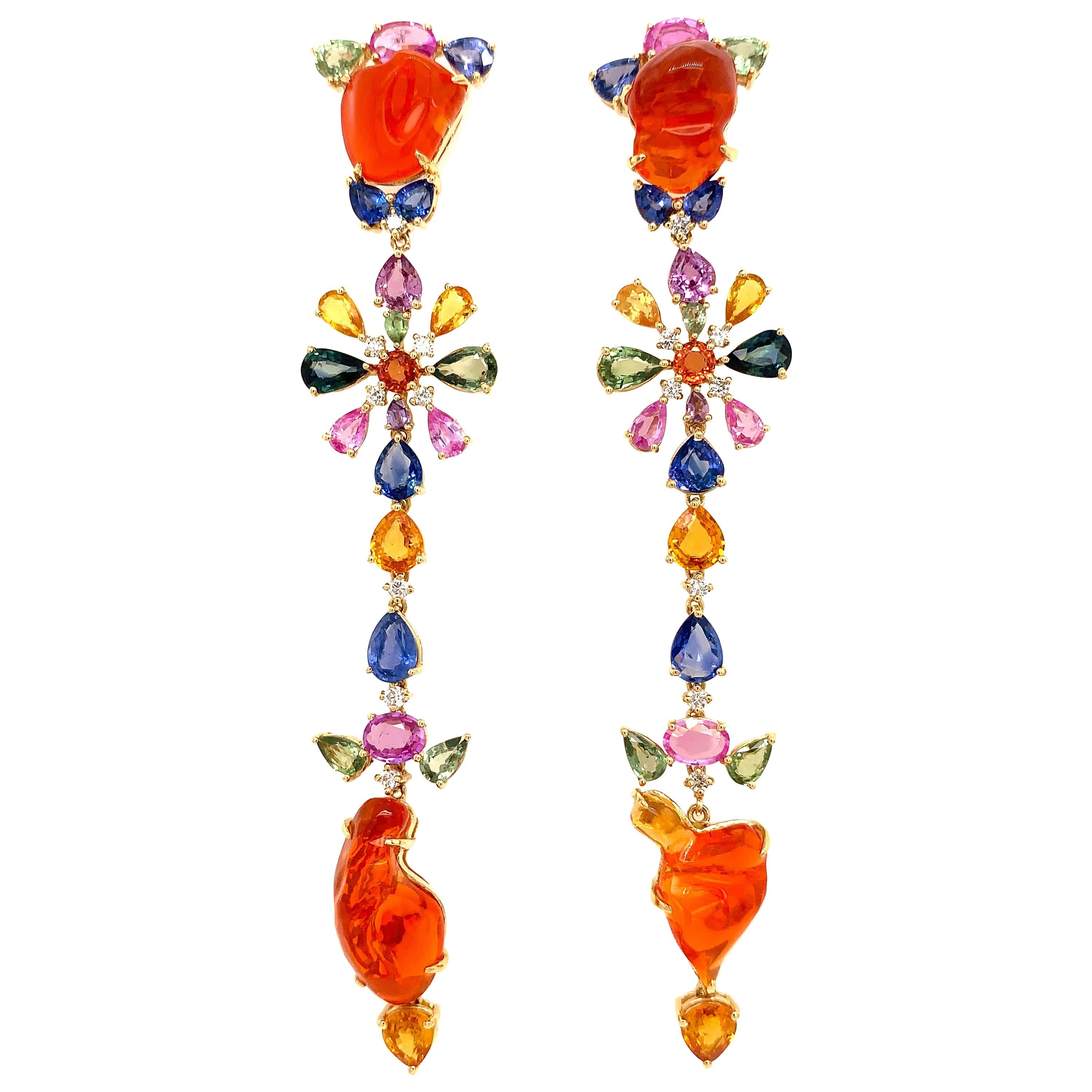 Multi-Color Sapphire and Fire Opal Drop Earrings