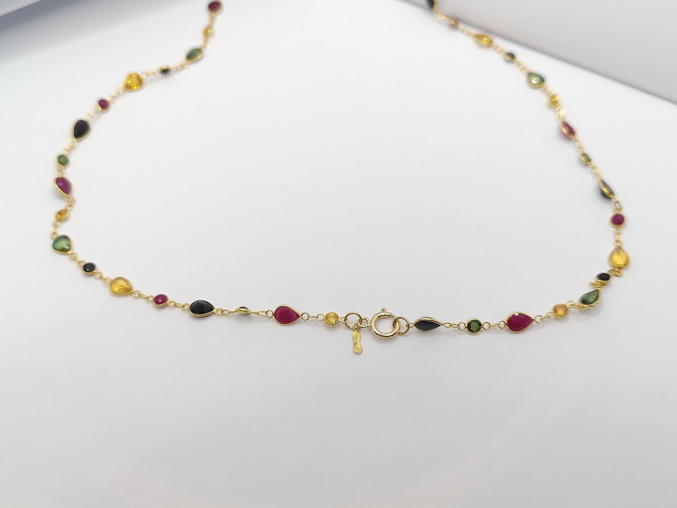 Mixed Cut Multi-Color Sapphire and Ruby Necklace Set in 18 Karat Gold