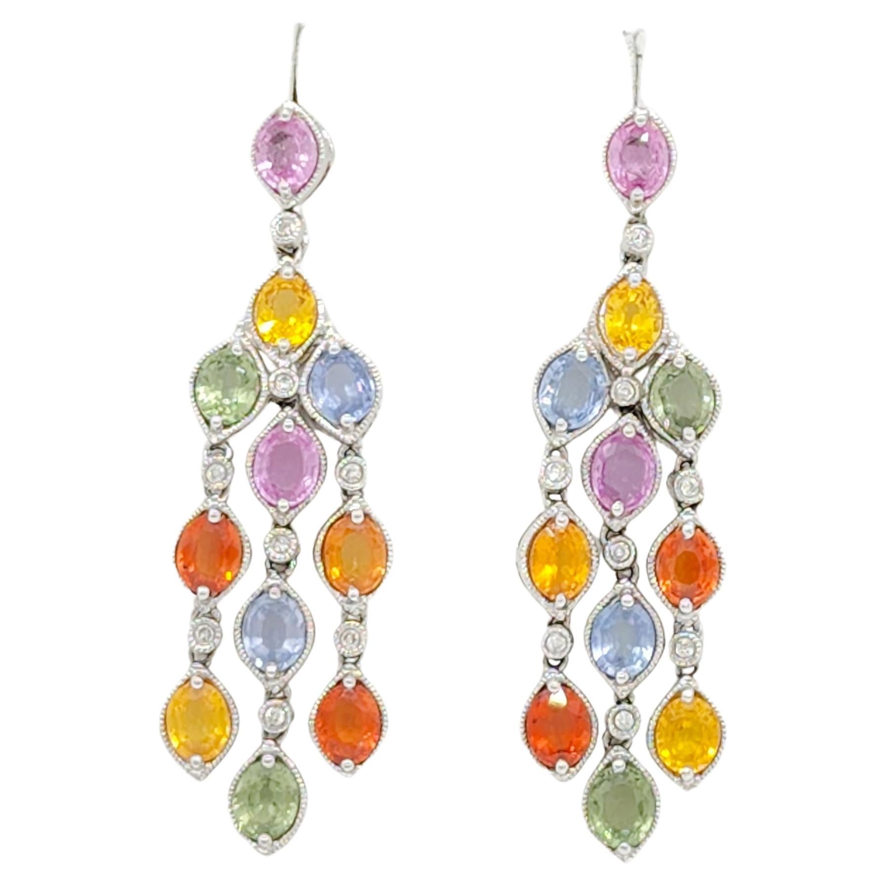 Pendants d'oreilles en or blanc 14 carats avec saphirs multicolores et diamants blancs