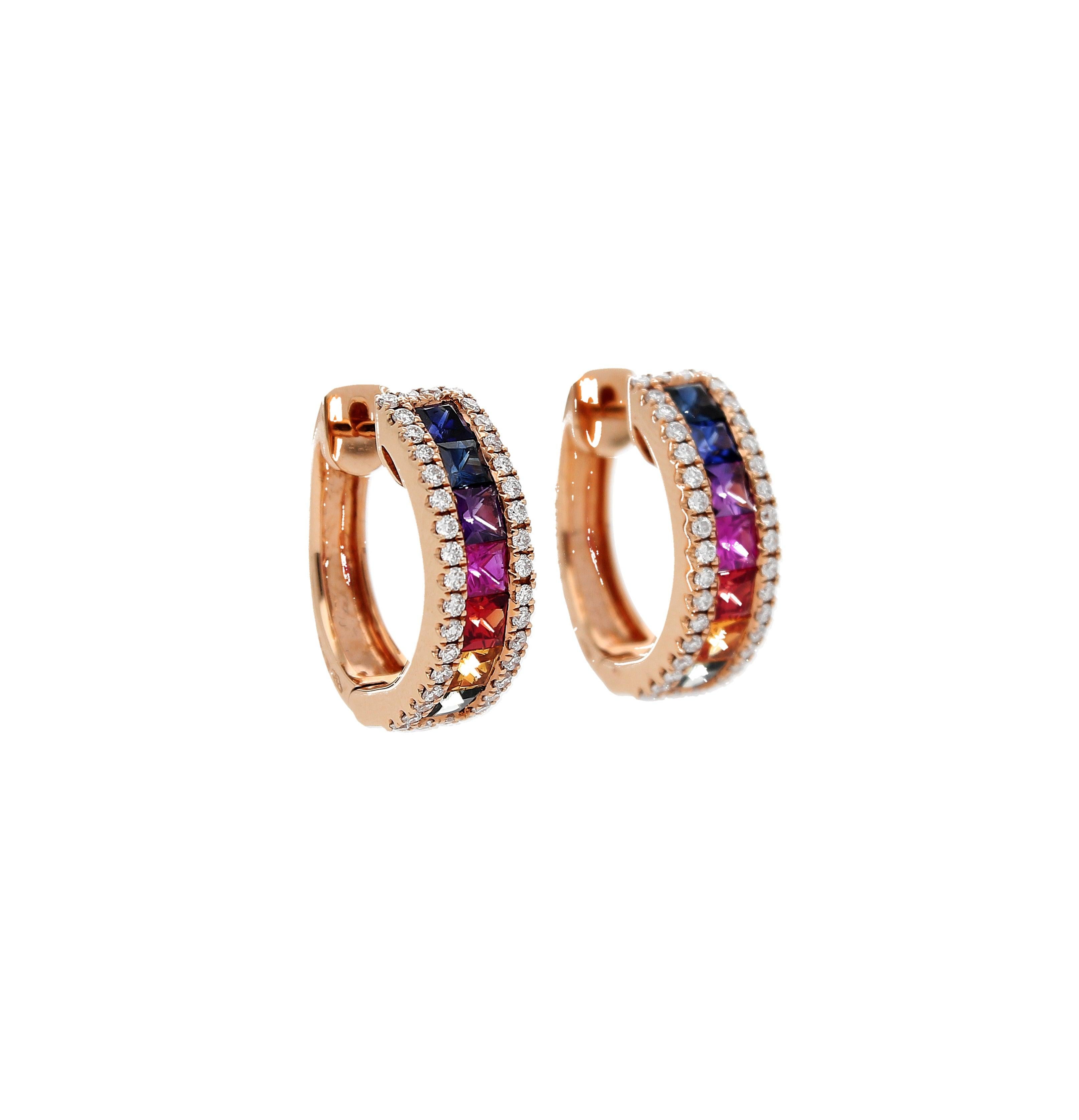 Hand-made in Italy
2.33 ct. Multicolor Sapphire Princess cut
0.64 ct. Withe diamond Round cut
8.8 Weight Earring
18 KT Rose Gold