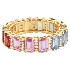 Anello Baguette con zaffiro multicolore e accenti di diamante Brilliante in oro 14k