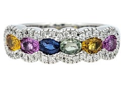 Multi Color Sapphire Band Ring with Pavé Diamonds in 14 Karat White Gold