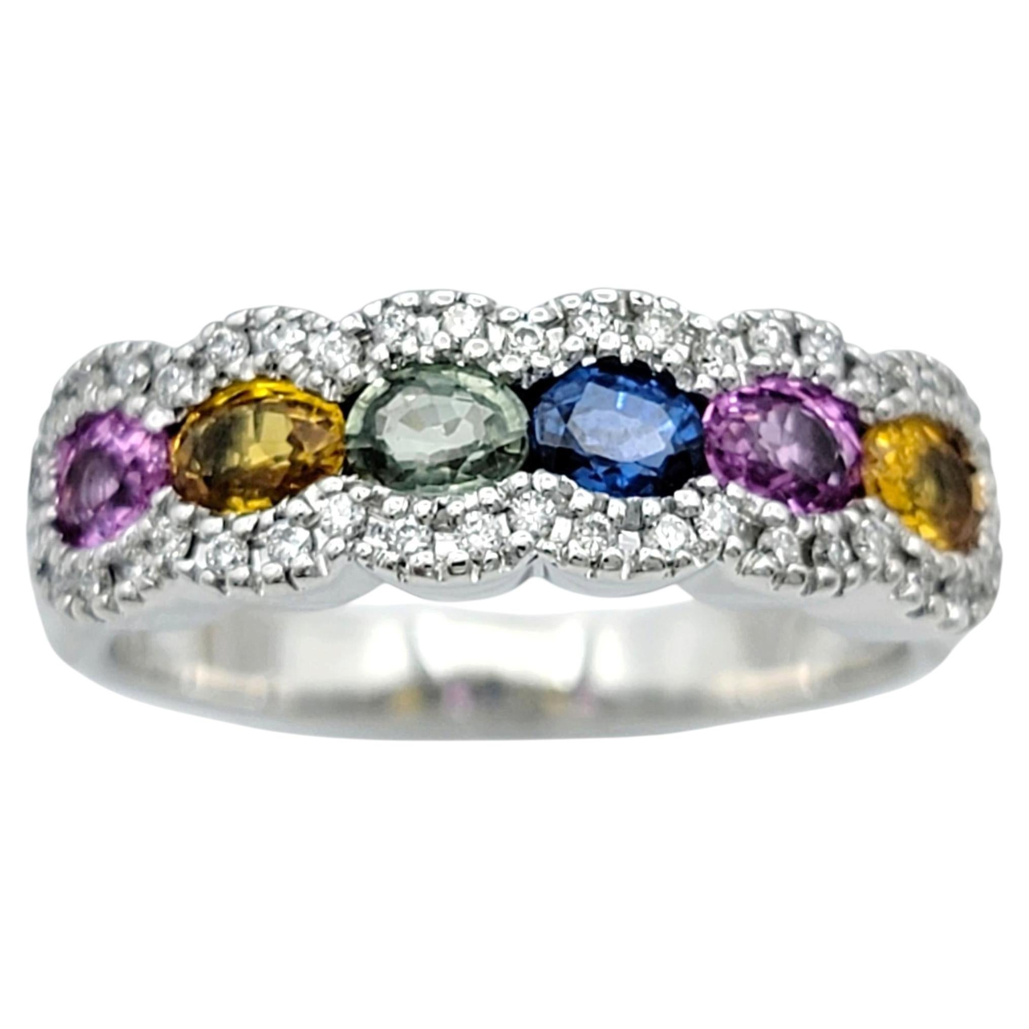 Multi Color Sapphire Band Ring with Pavé Diamonds in 14 Karat White Gold